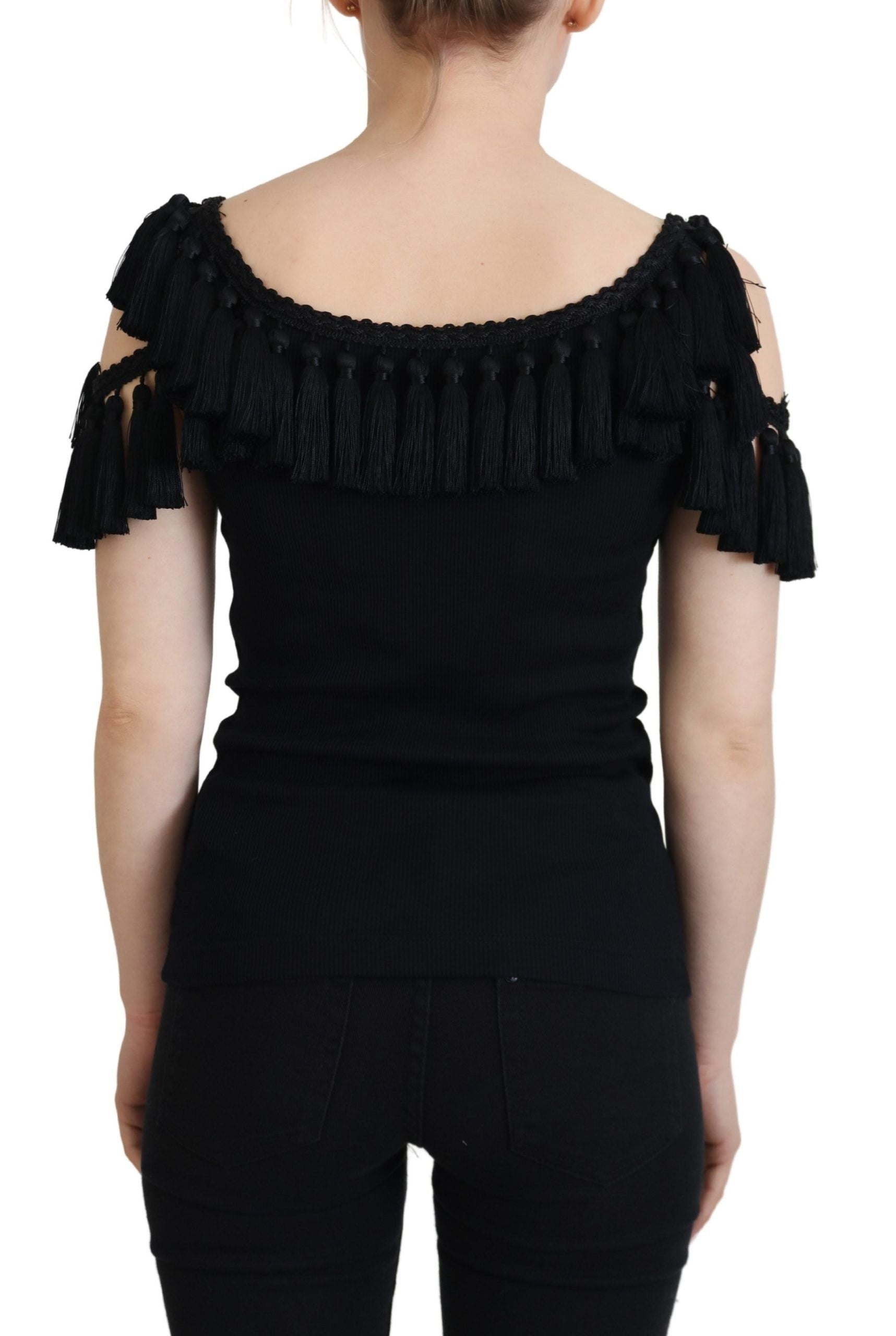Dolce & Gabbana Black Tank Top Blouse Tassel Blouse Cotton-6