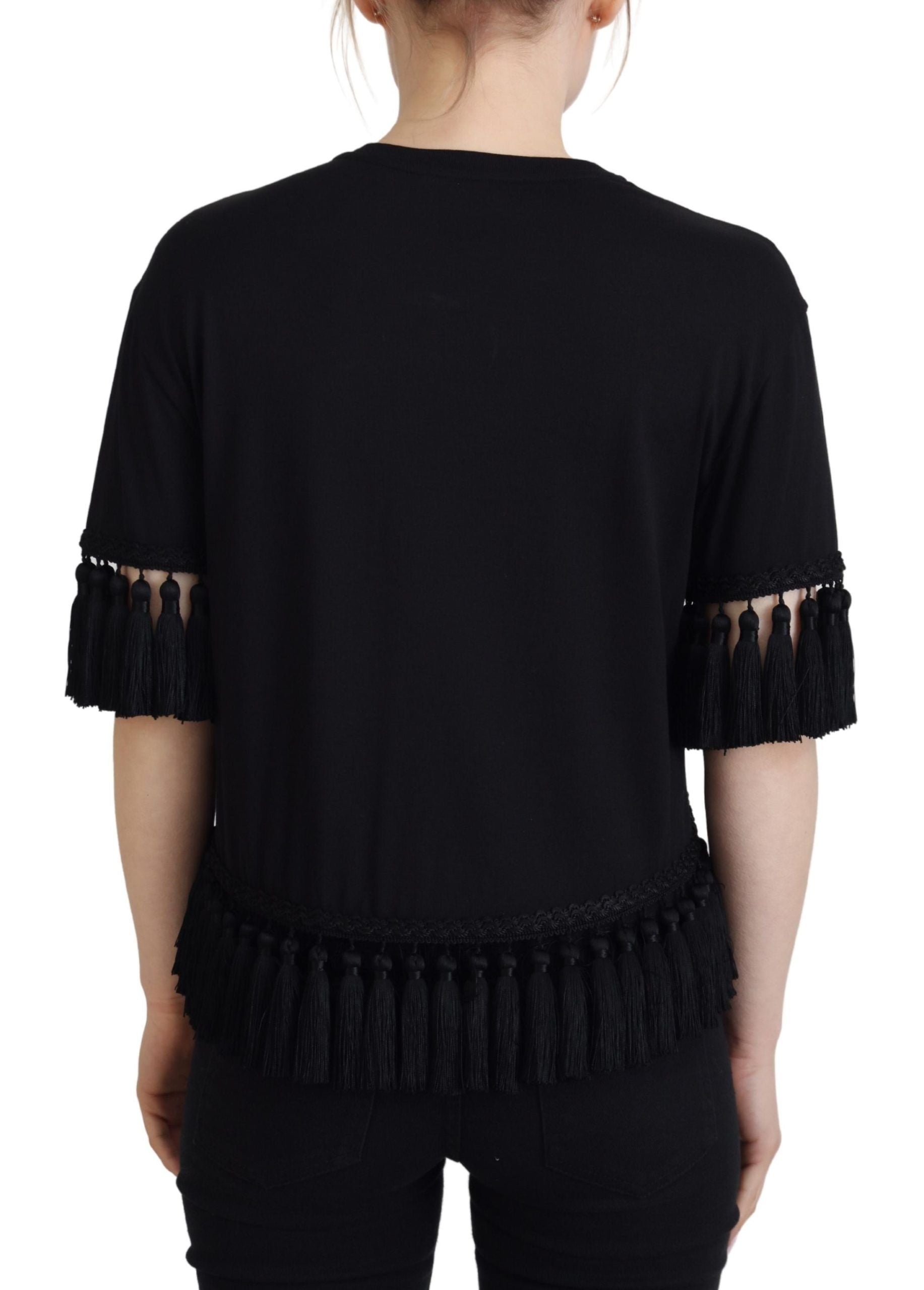 Dolce & Gabbana Black T-Shirt Blouse Tassel Cotton Blouse-2
