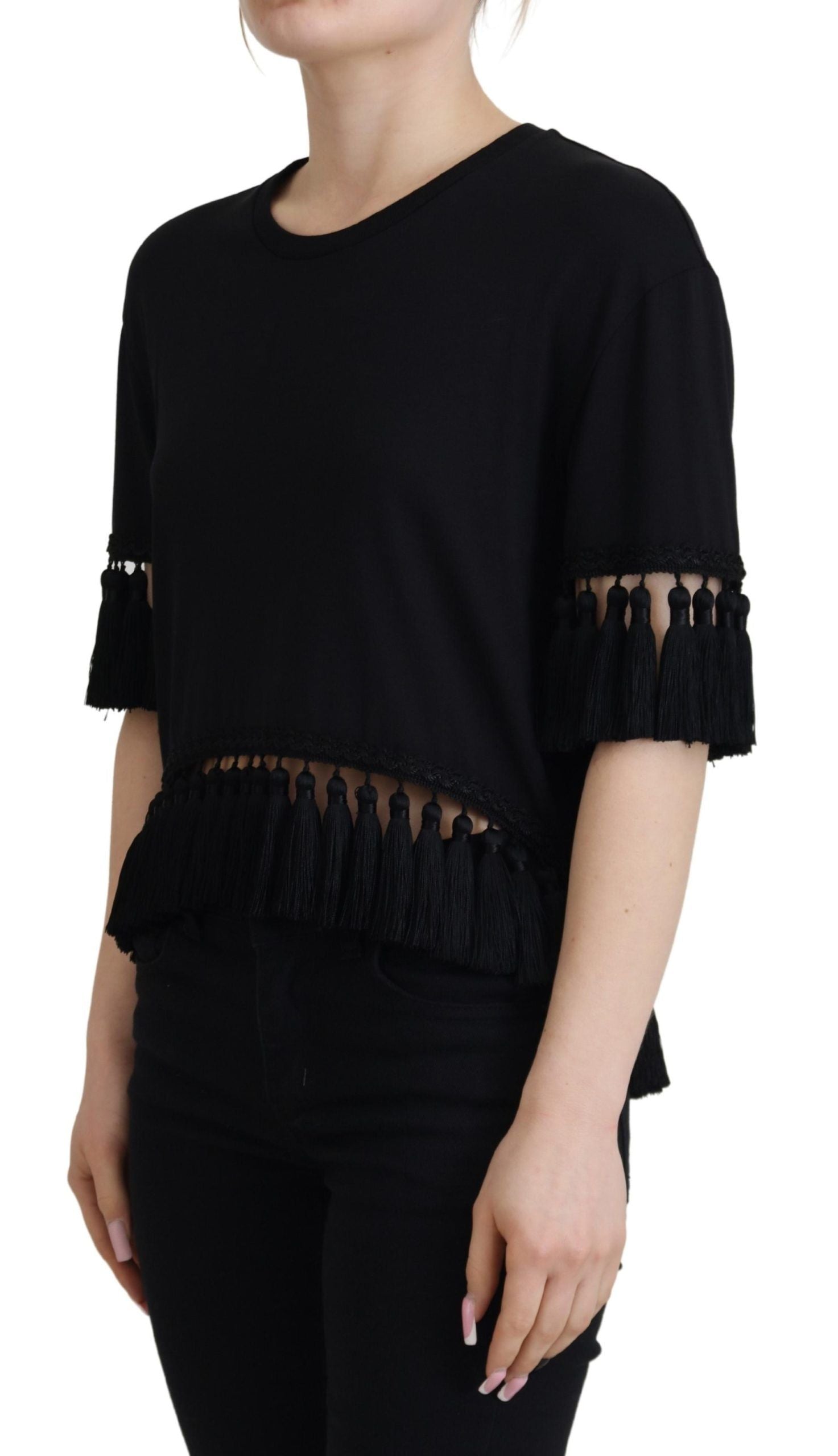 Dolce & Gabbana Black T-Shirt Blouse Tassel Cotton Blouse-4