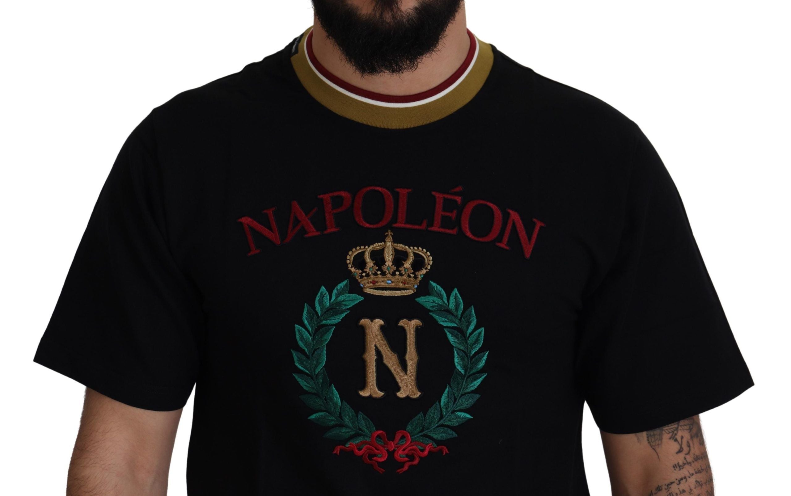 Dolce & Gabbana Black cotton T-shirt with embroidered round neck-4