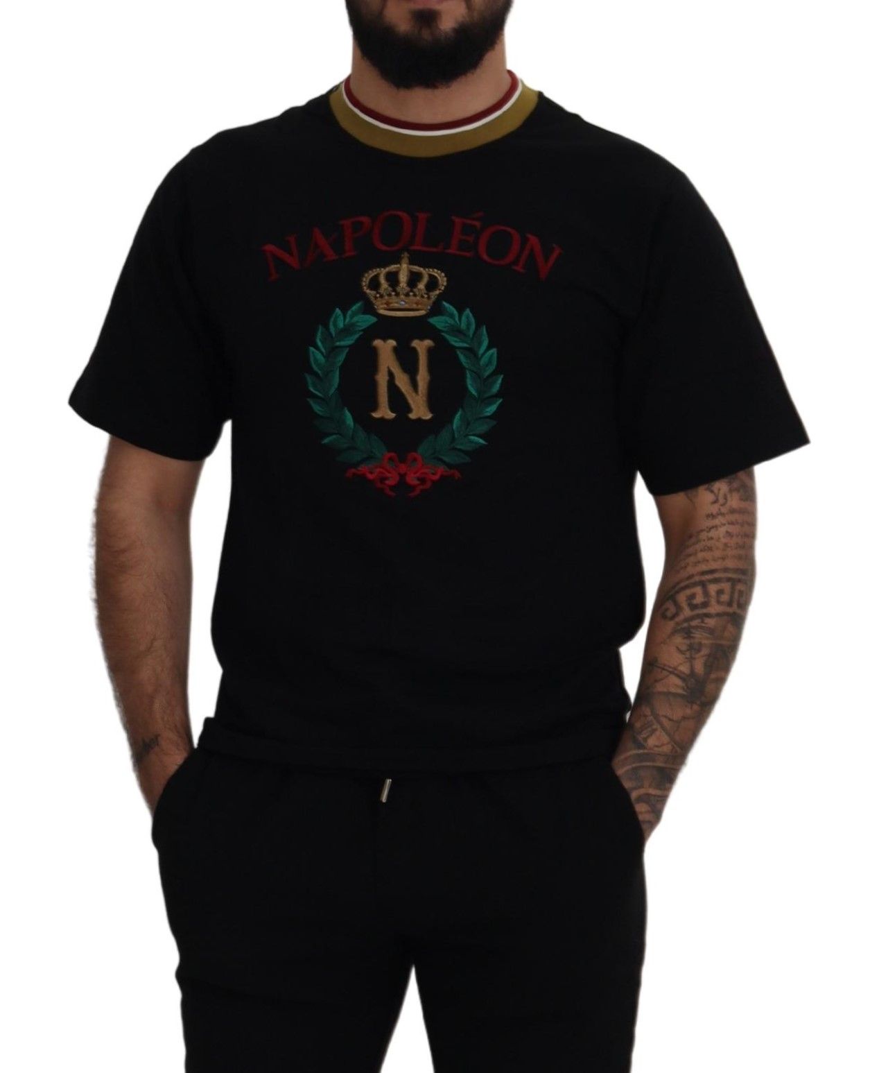 Dolce & Gabbana Black cotton T-shirt with embroidered round neck-5