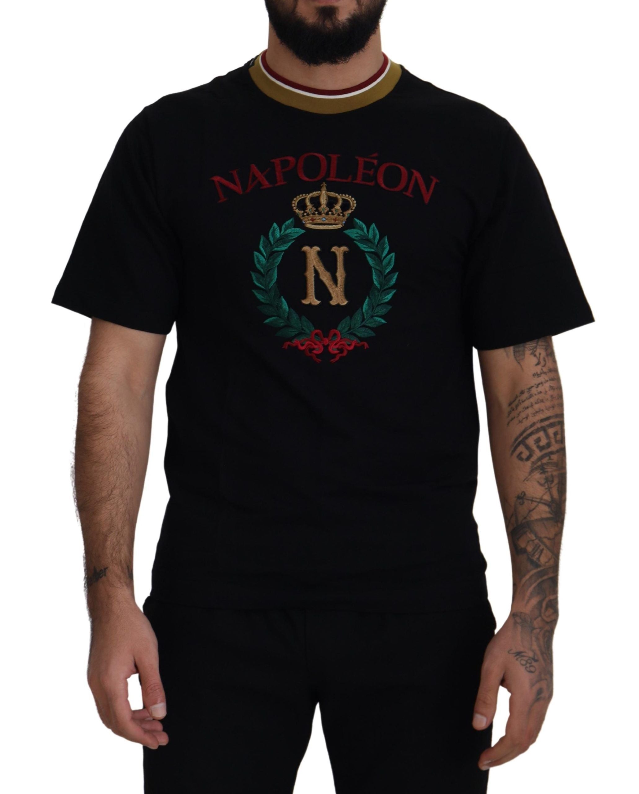 Dolce & Gabbana Black cotton T-shirt with embroidered round neck