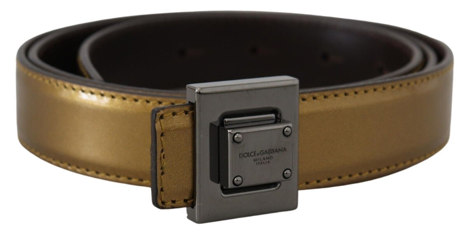 Dolce & Gabbana Gold Leather Silver Square Metal Buckle Belt-2