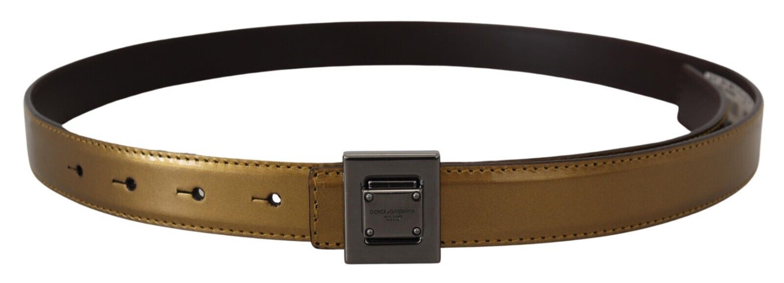Dolce & Gabbana Gold Leather Silver Square Metal Buckle Belt-3