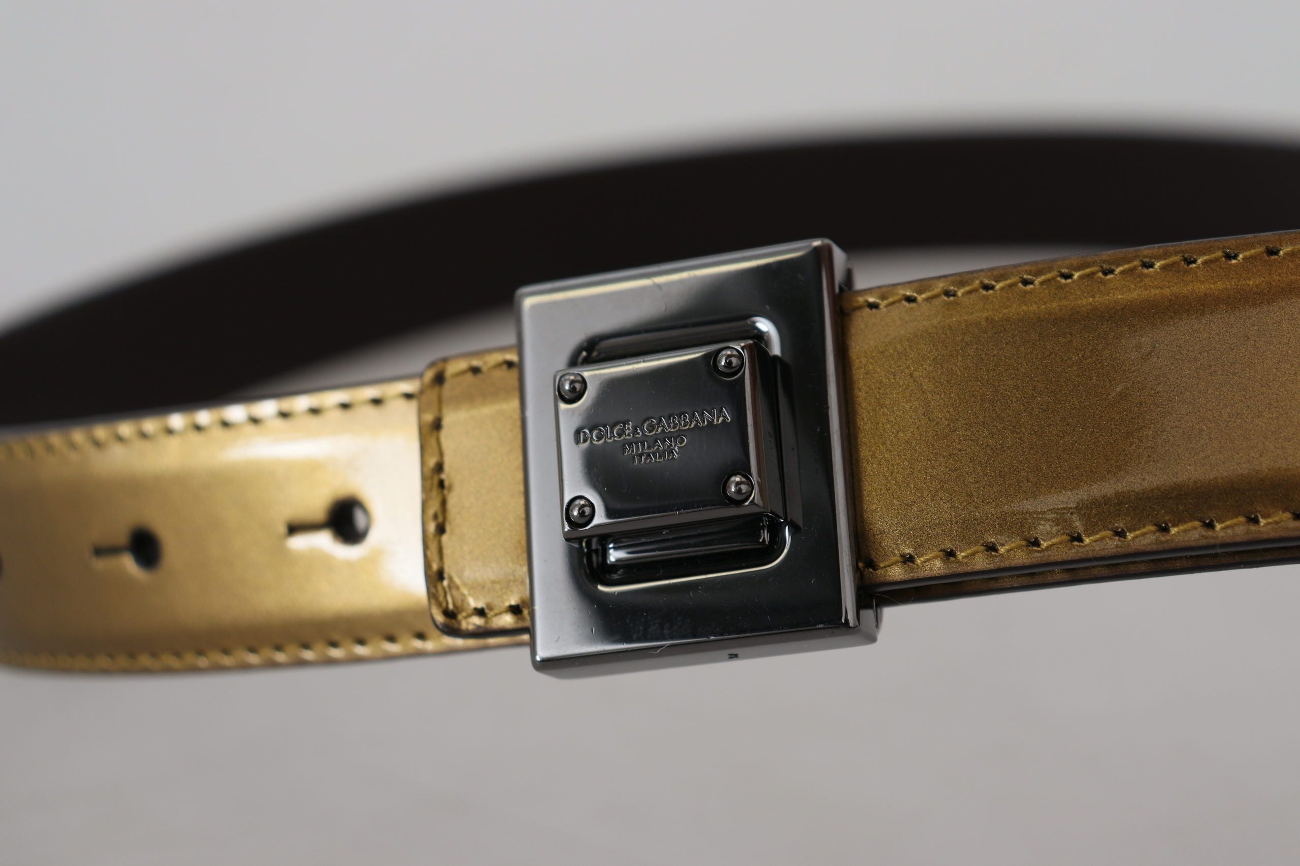 Dolce & Gabbana Gold Leather Silver Square Metal Buckle Belt-6