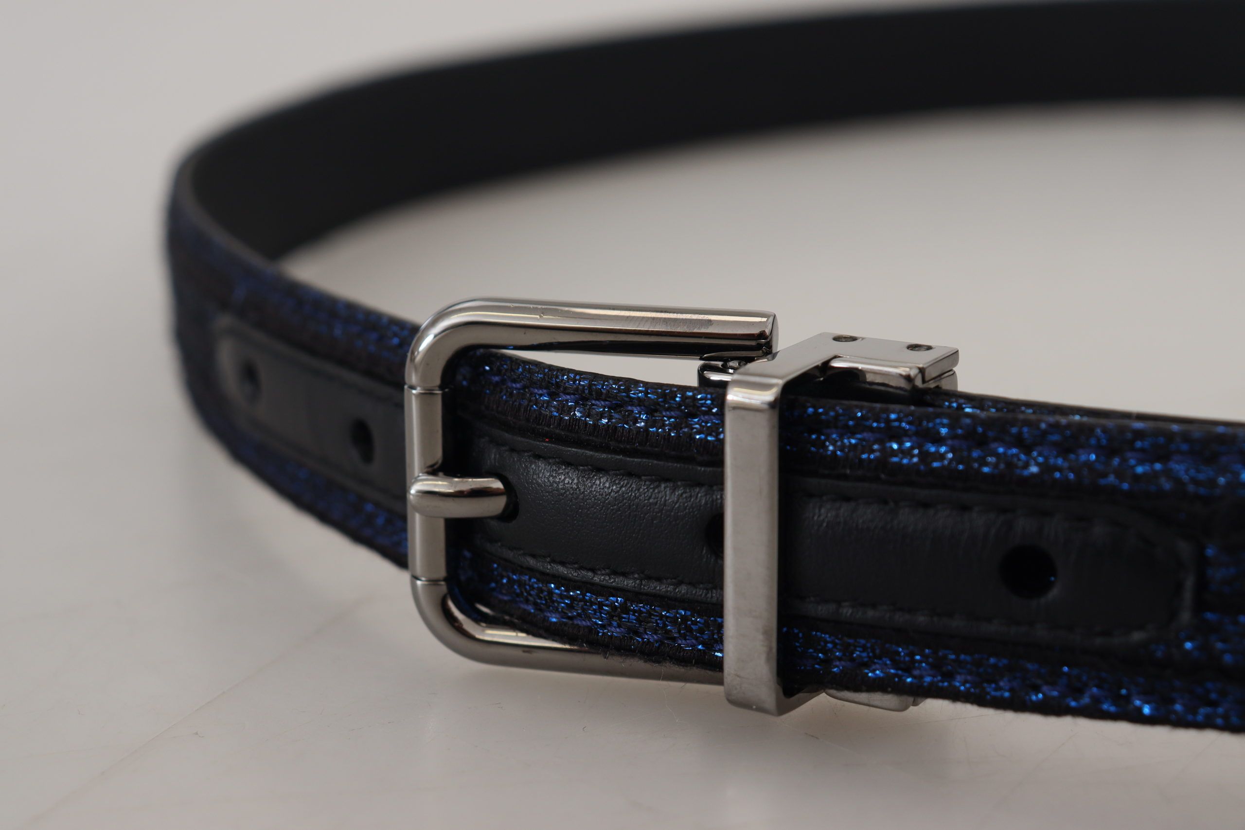 Dolce & Gabbana Blauer Jacquard-Streifen Gürtel mit Silberschnalle-5