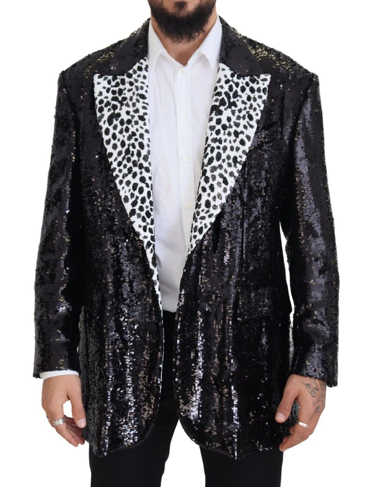 Dolce & Gabbana Schwarzer Pailletten-Blazer aus Nylon mit Kuhmuster-1
