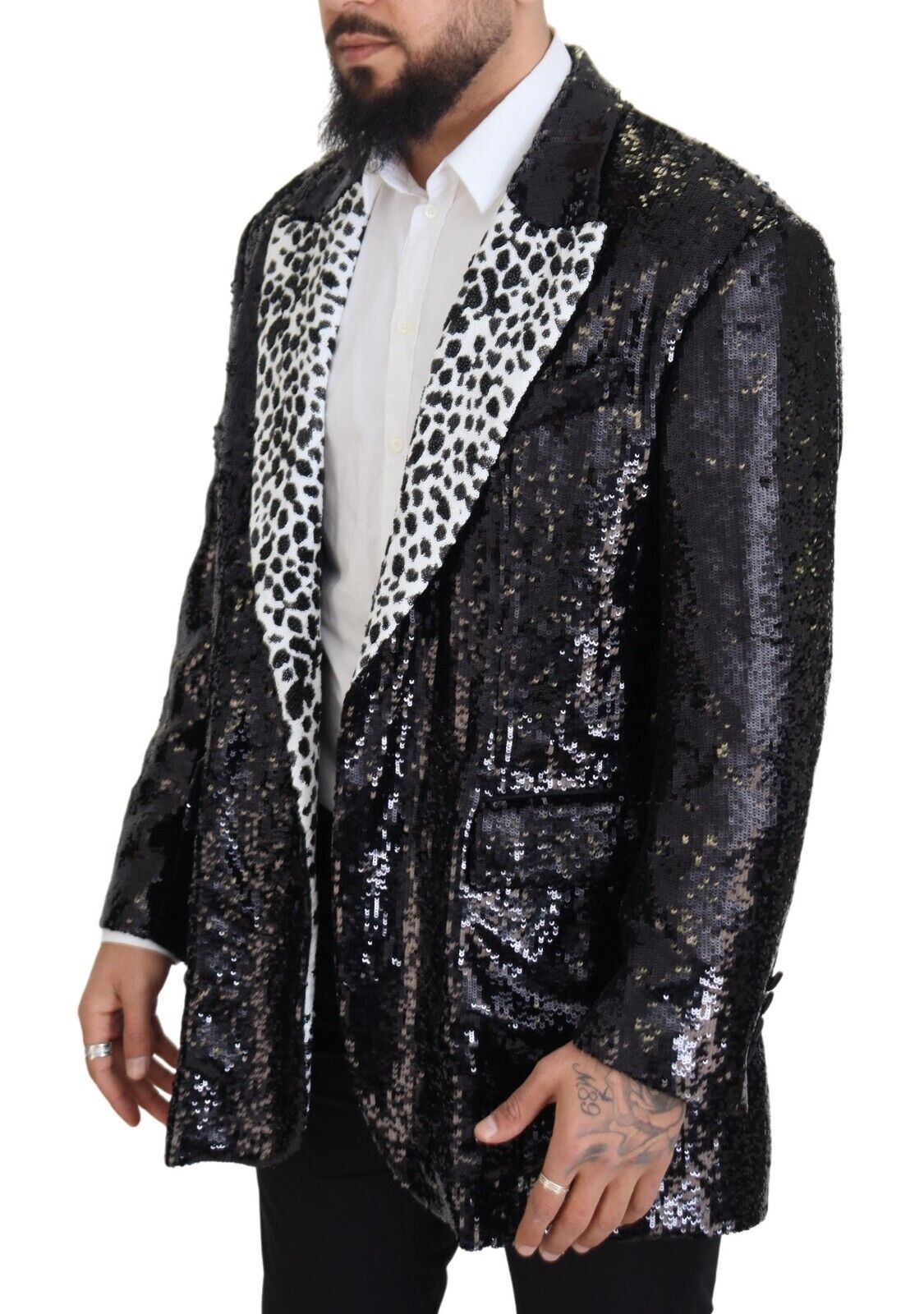 Dolce & Gabbana Schwarzer Pailletten-Blazer aus Nylon mit Kuhmuster-2