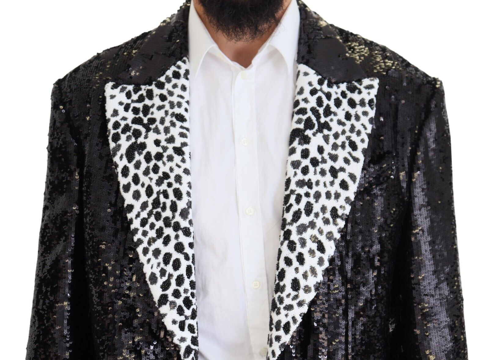 Dolce & Gabbana Schwarzer Pailletten-Blazer aus Nylon mit Kuhmuster-4