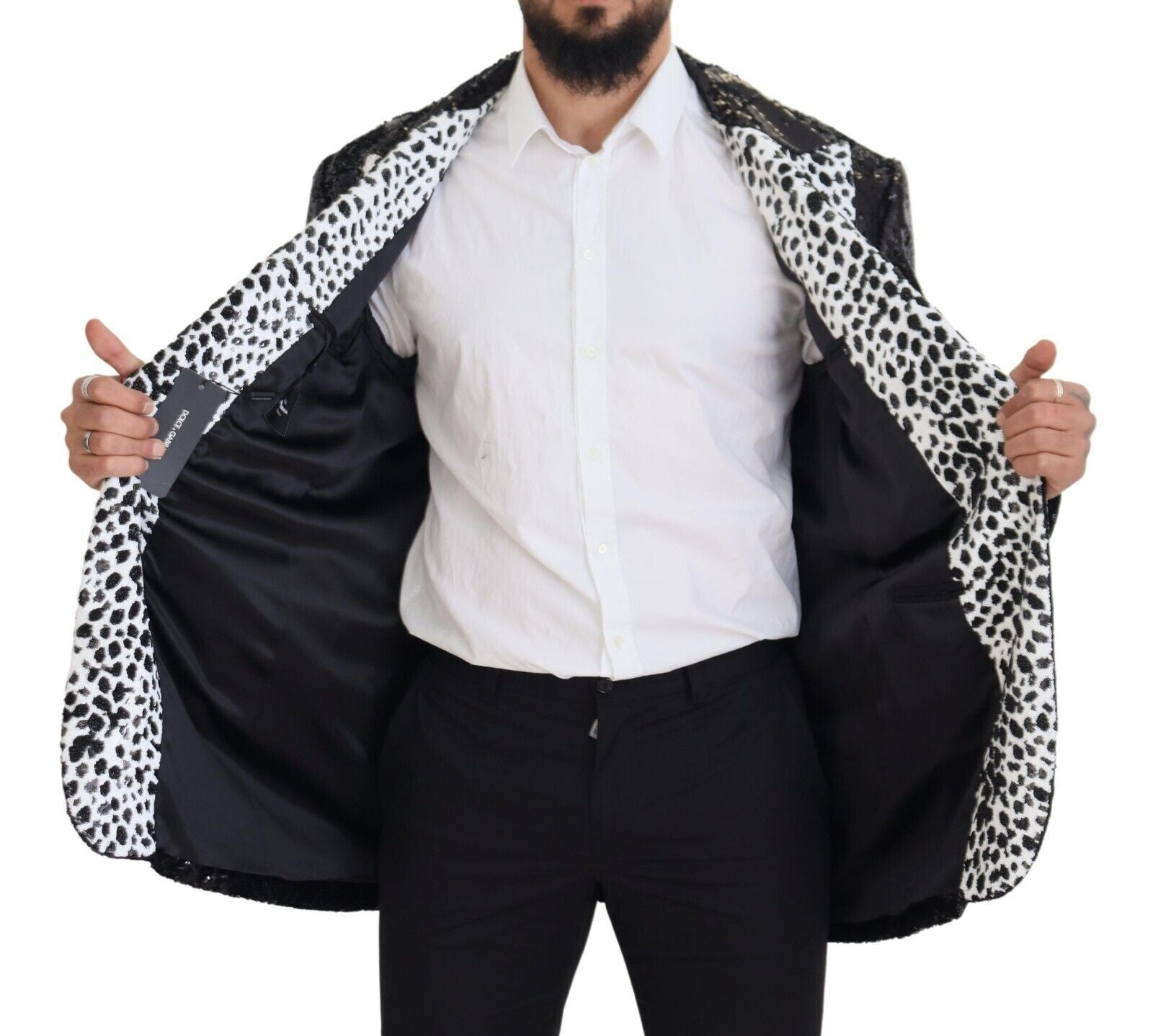 Dolce & Gabbana Schwarzer Pailletten-Blazer aus Nylon mit Kuhmuster-5