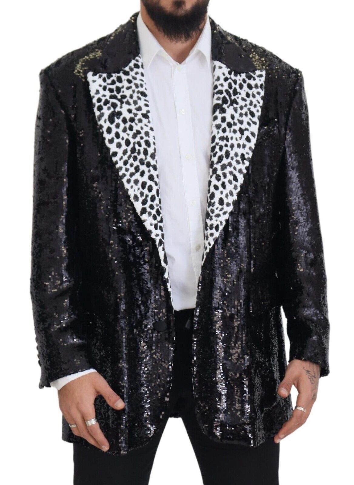 Dolce & Gabbana Schwarzer Pailletten-Blazer aus Nylon mit Kuhmuster-6