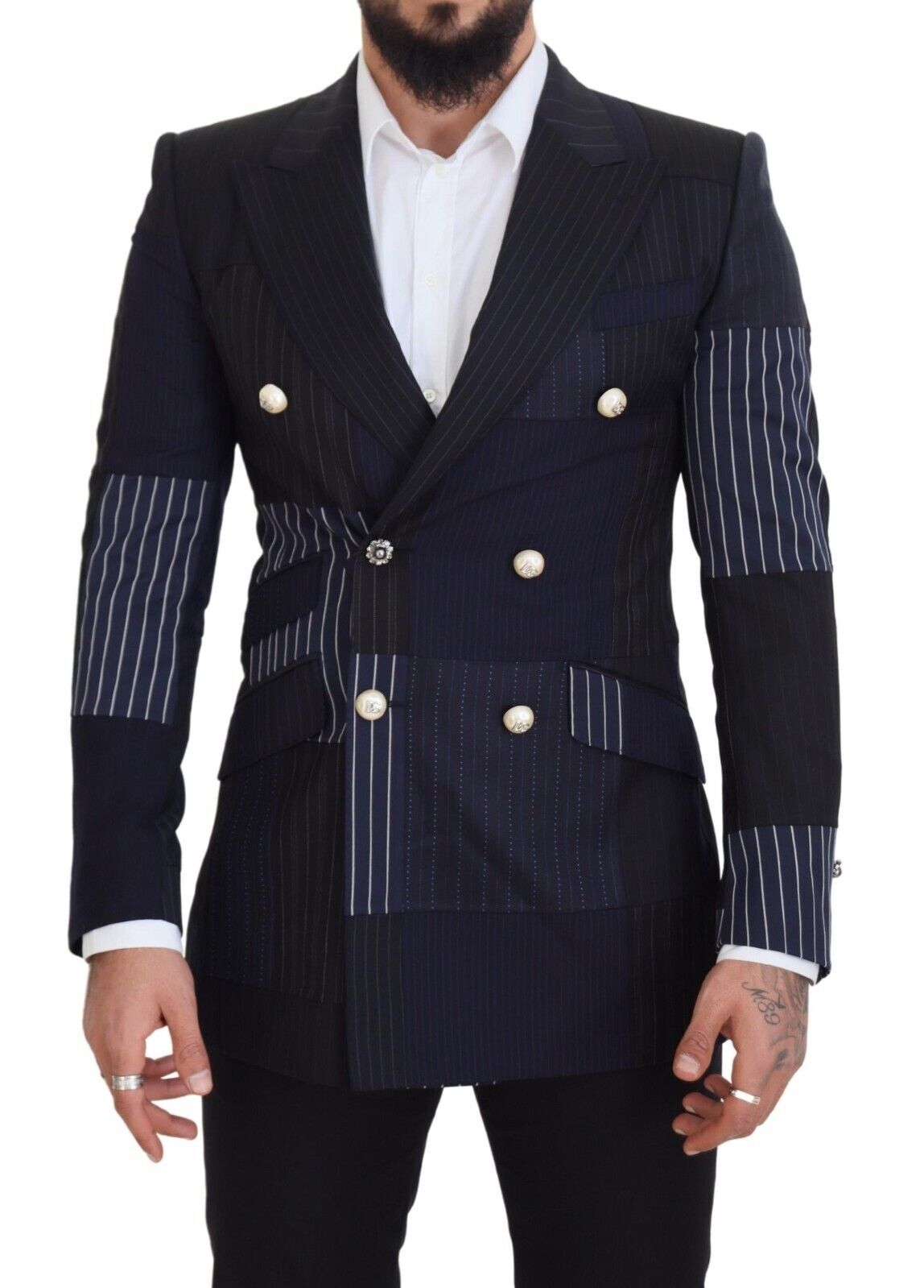 Dolce & Gabbana Blauer Woll-Patchwork-Blazer im Zweireiher-1