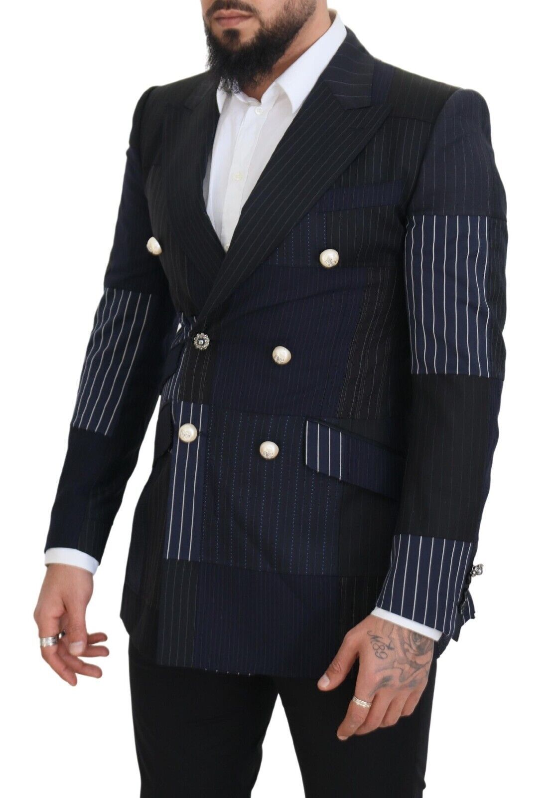 Dolce & Gabbana Blauer Woll-Patchwork-Blazer im Zweireiher-2