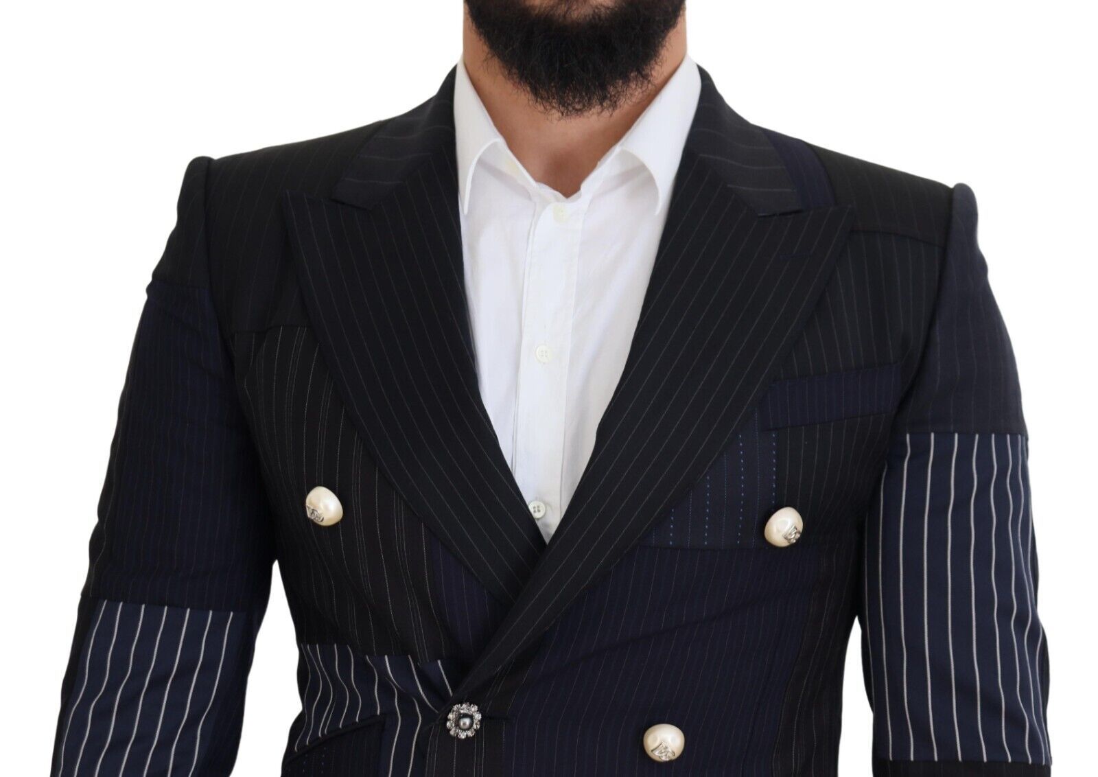 Dolce & Gabbana Blauer Woll-Patchwork-Blazer im Zweireiher-4