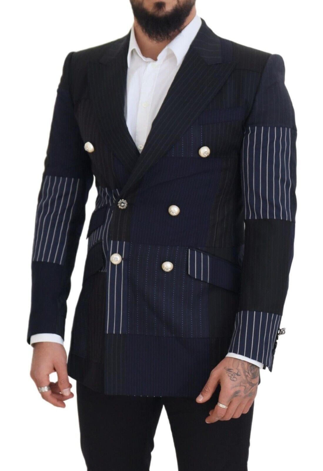 Dolce & Gabbana Blauer Woll-Patchwork-Blazer im Zweireiher-5
