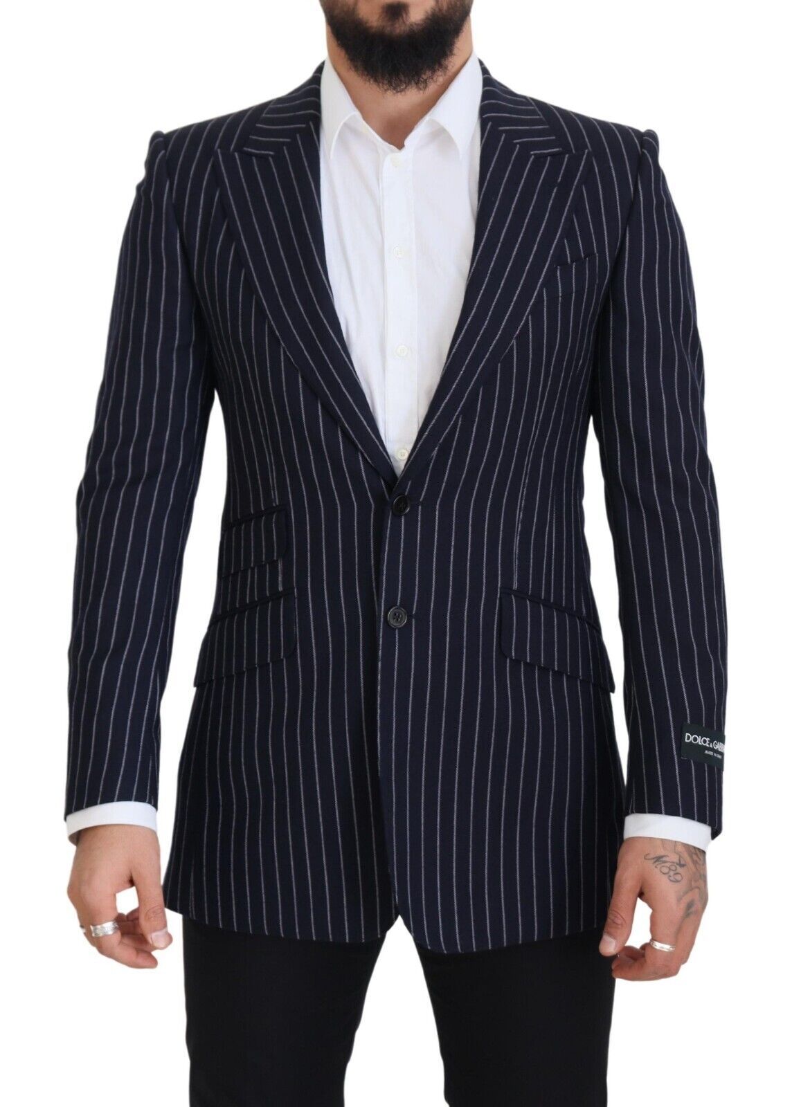 Blazer de lana de botonadura sencilla a rayas azul oscuro de Dolce & Gabbana-1