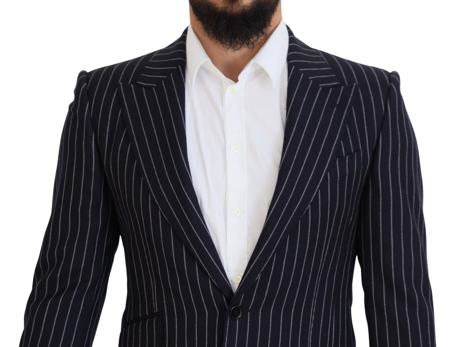 Blazer de lana de botonadura sencilla a rayas azul oscuro de Dolce & Gabbana-4