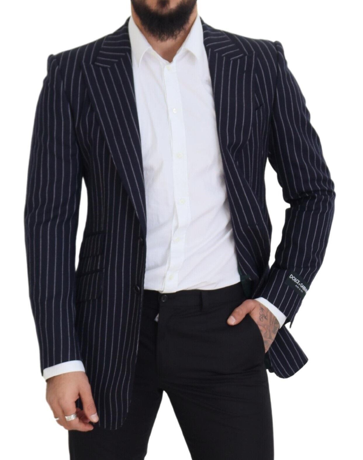 Blazer de lana de botonadura sencilla a rayas azul oscuro de Dolce & Gabbana-5