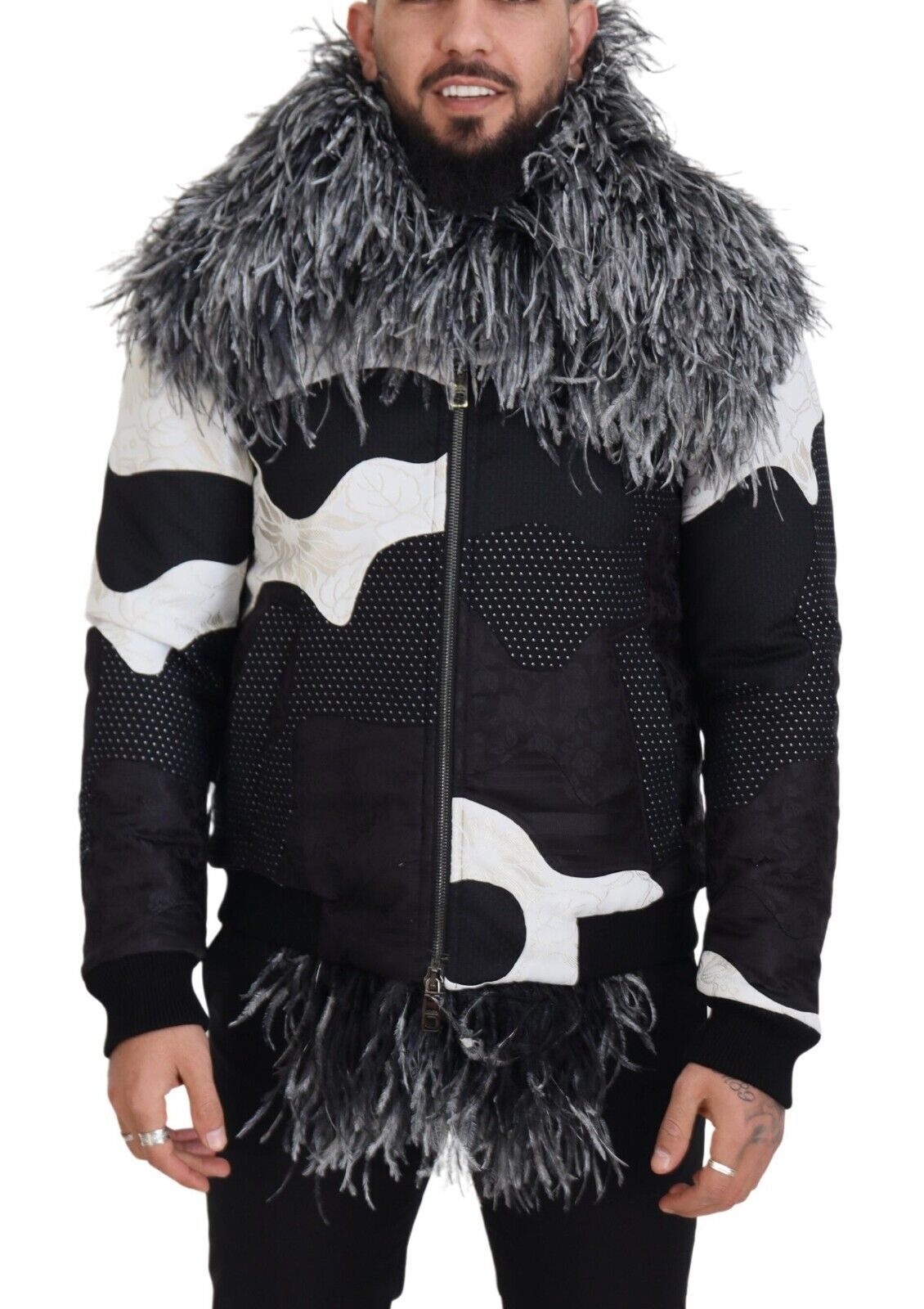 Dolce & Gabbana Black and White Fur Shearling Full Zip Jacket