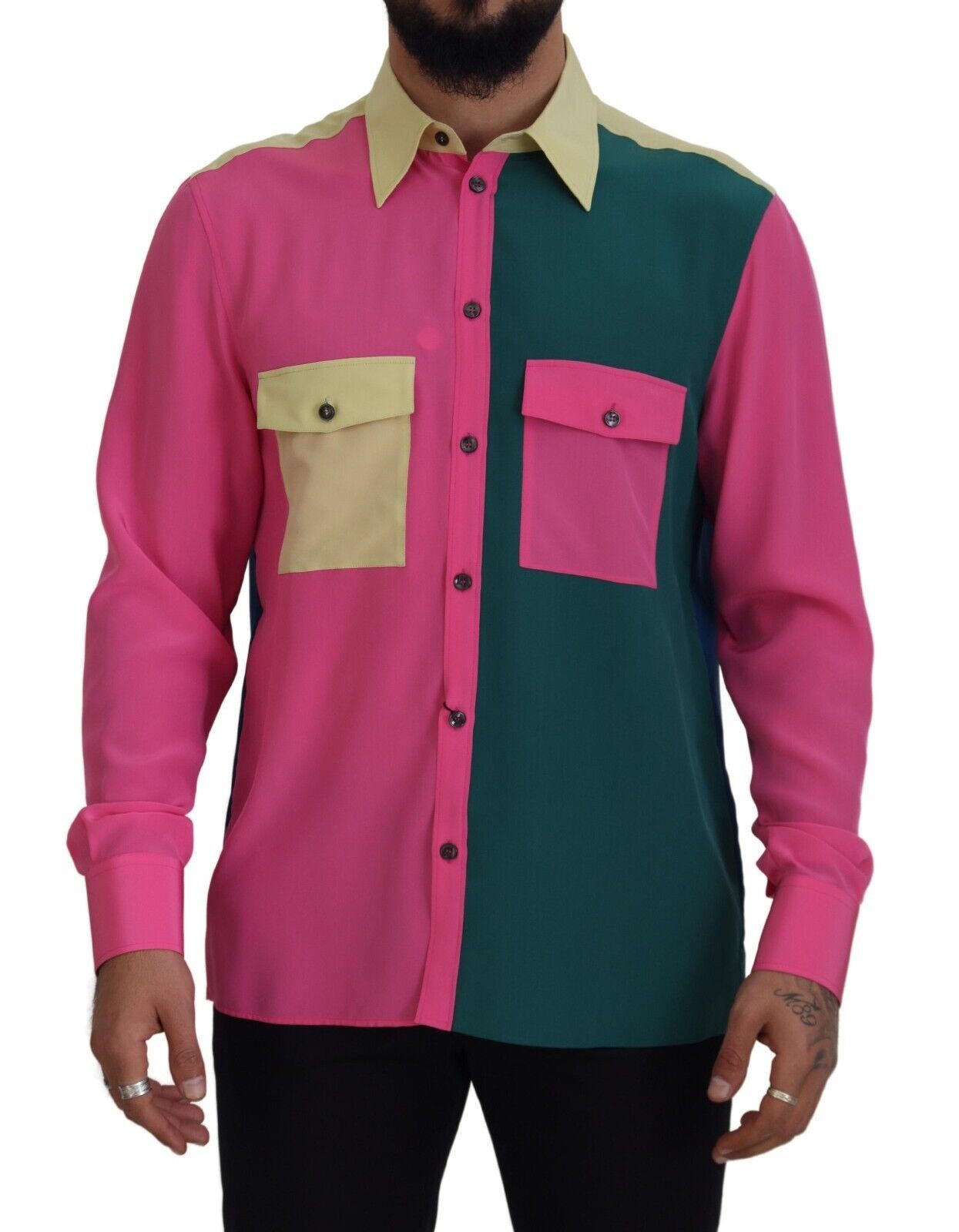 Dolce & Gabbana Multicolor Patchwork Silk Shirt with Button Placket-1