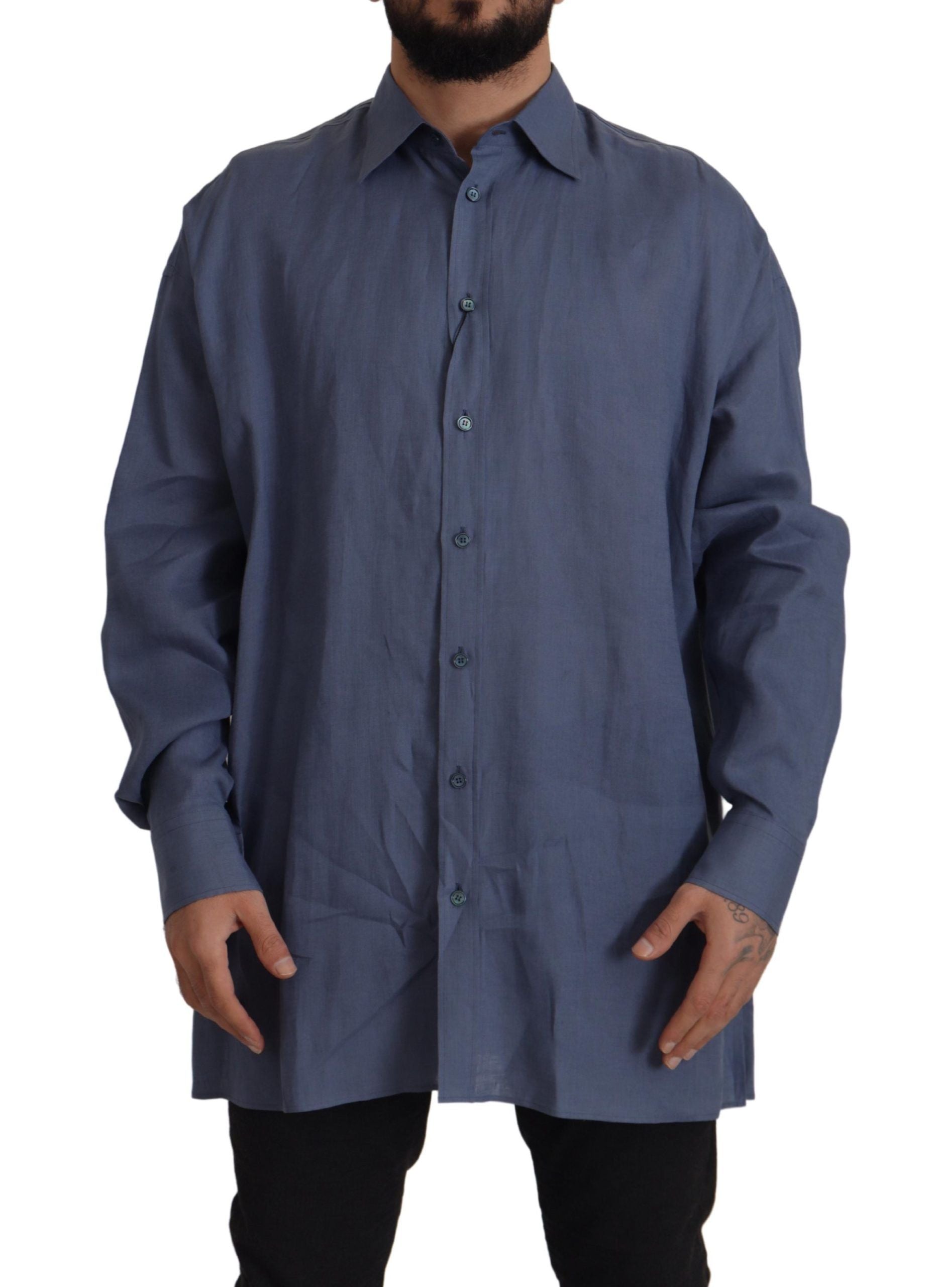 Dolce & Gabbana Dark Blue Linen Slim Fit Dress Formal Men's Shirt-1