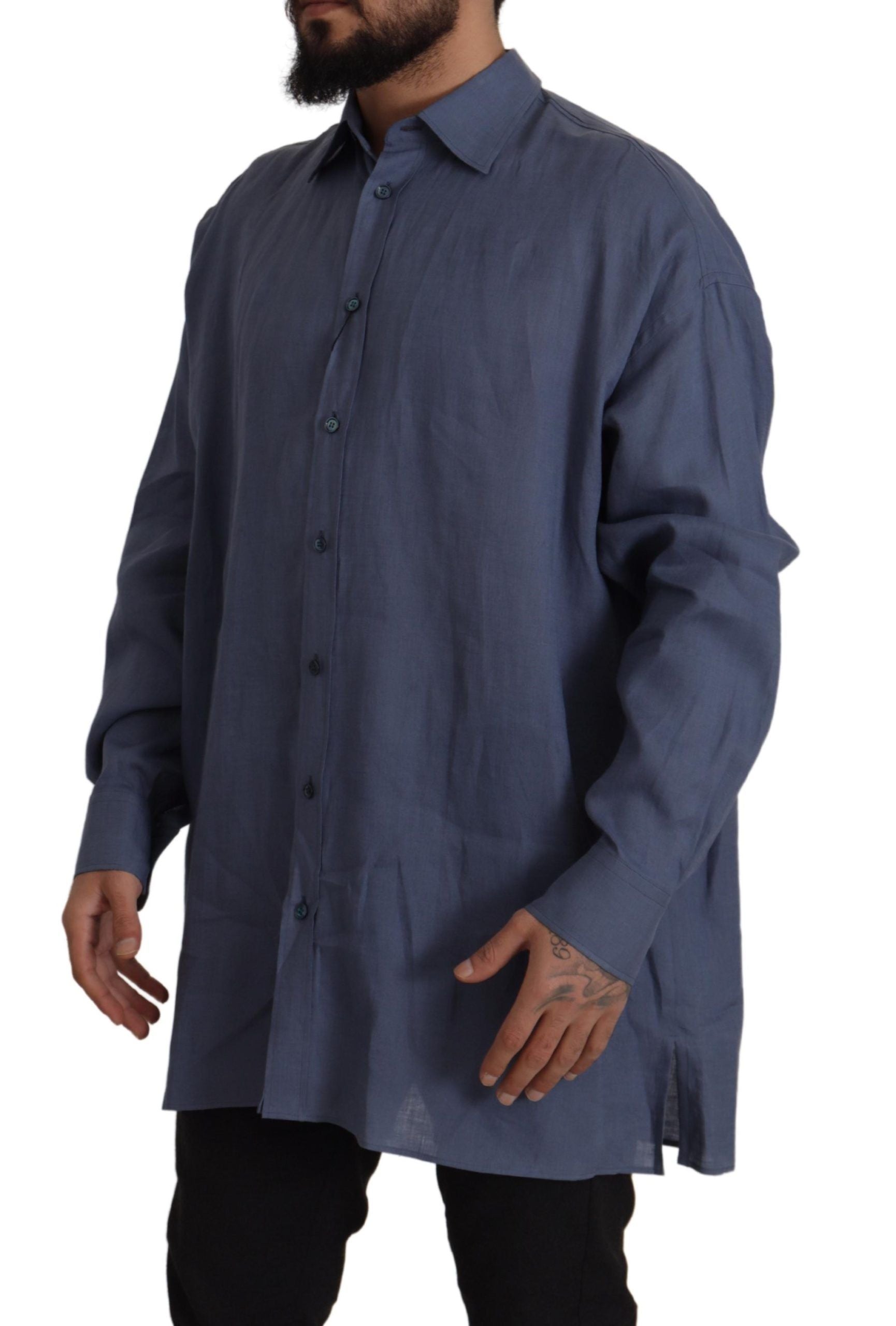 Dolce & Gabbana Dark Blue Linen Slim Fit Dress Formal Men's Shirt-2