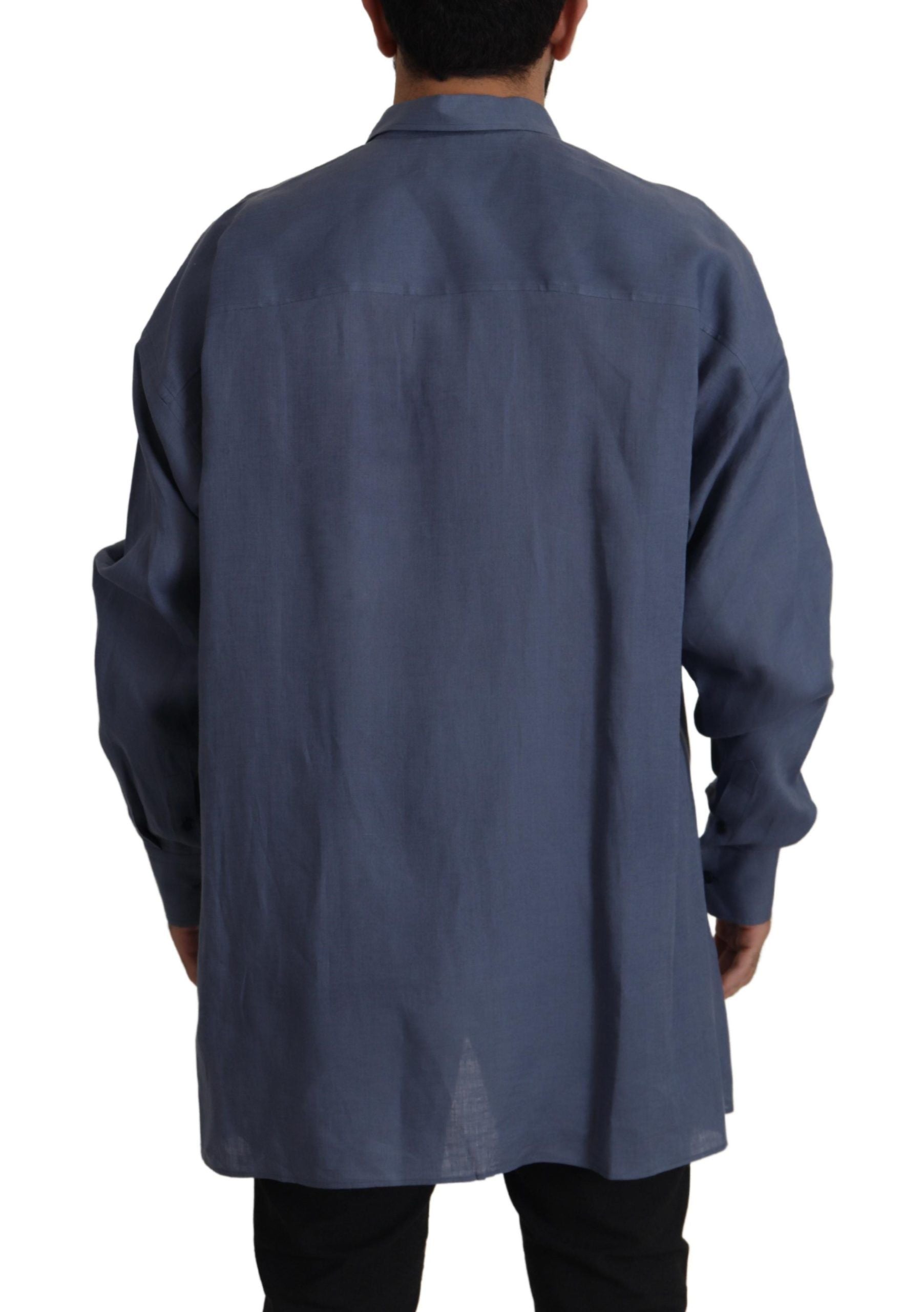Dolce & Gabbana Dark Blue Linen Slim Fit Dress Formal Men's Shirt-3