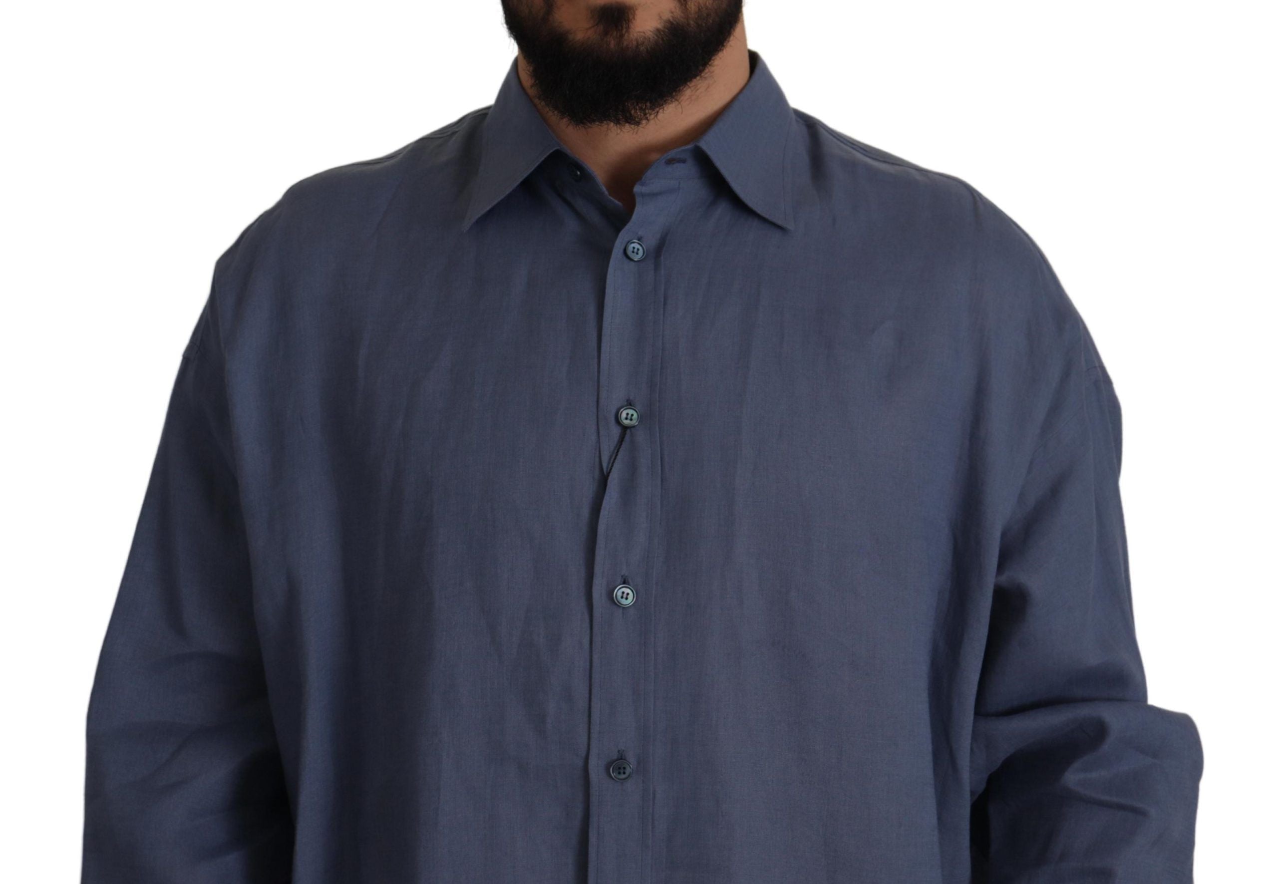 Dolce & Gabbana Dark Blue Linen Slim Fit Dress Formal Men's Shirt-4