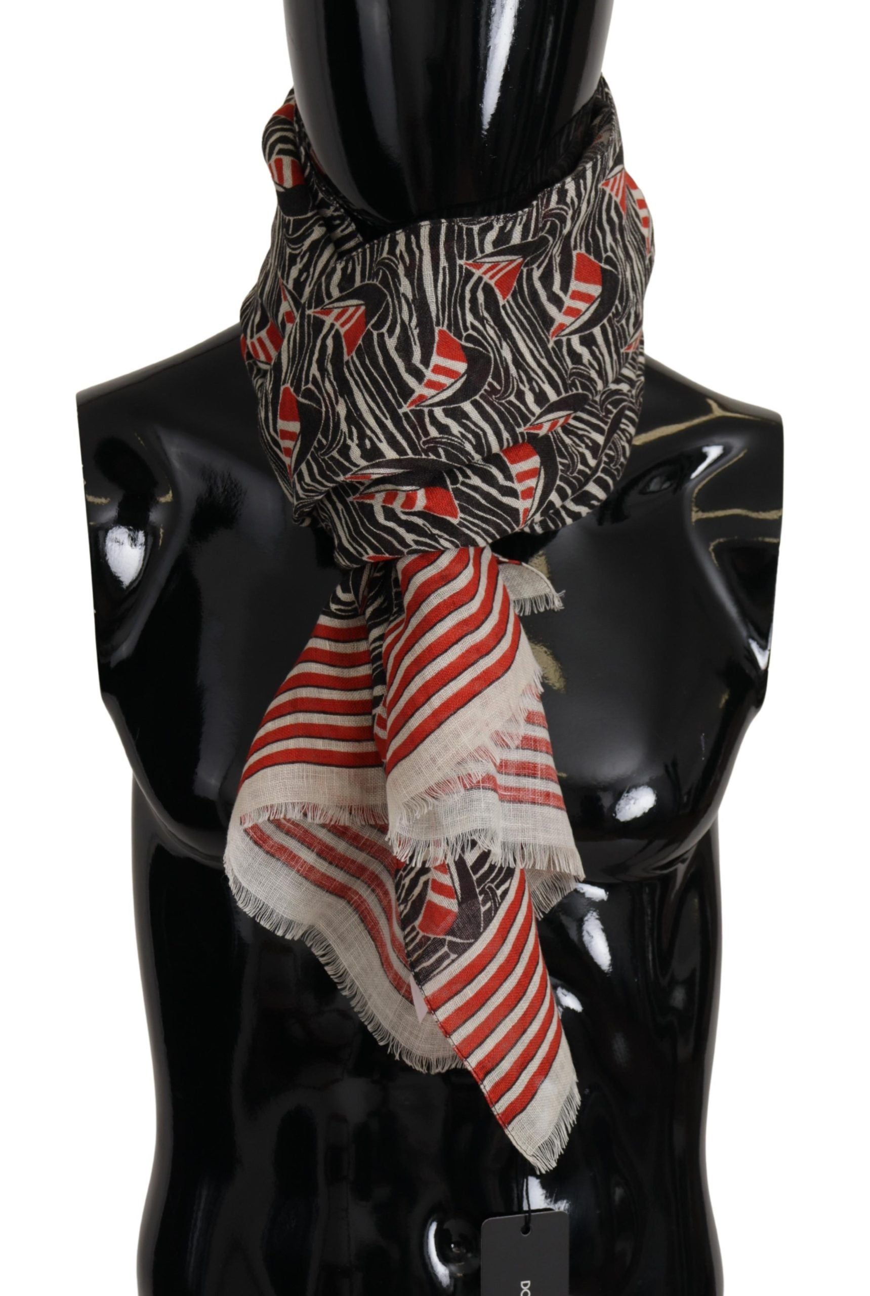 Dolce & Gabbana black and red linen scarf with sailboat stripe print