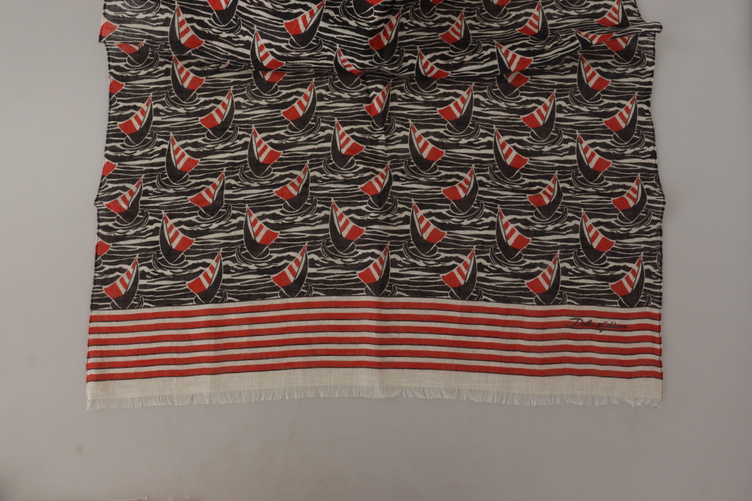 Dolce & Gabbana black and red linen scarf with sailboat stripe print-5