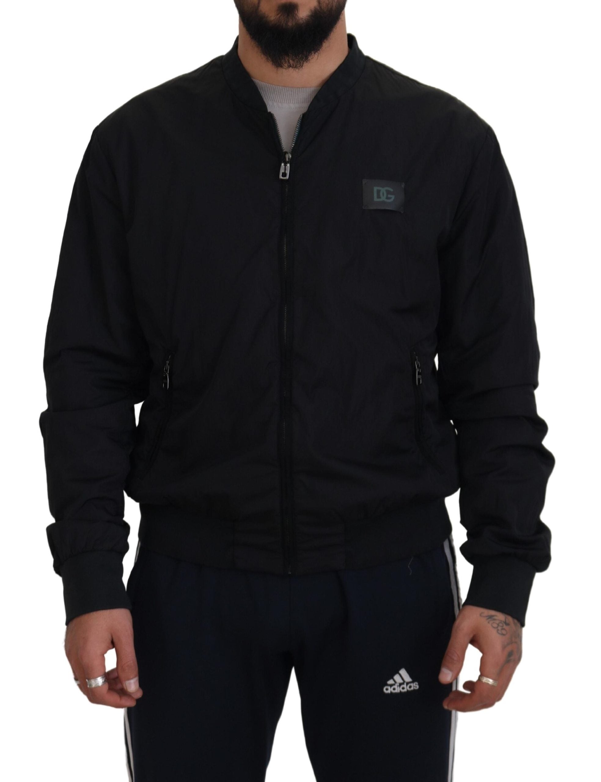 Dolce & Gabbana Black Nylon Logo Bomber Jacket with Zipper
