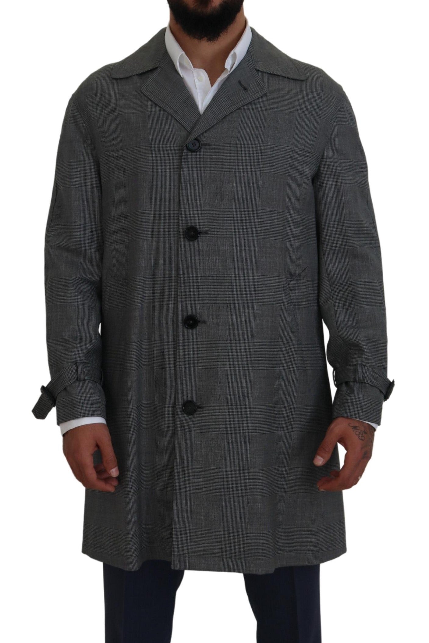 Dolce & Gabbana Grey wool coat, plaid, long trench coat jacket, trench coat jacket-4