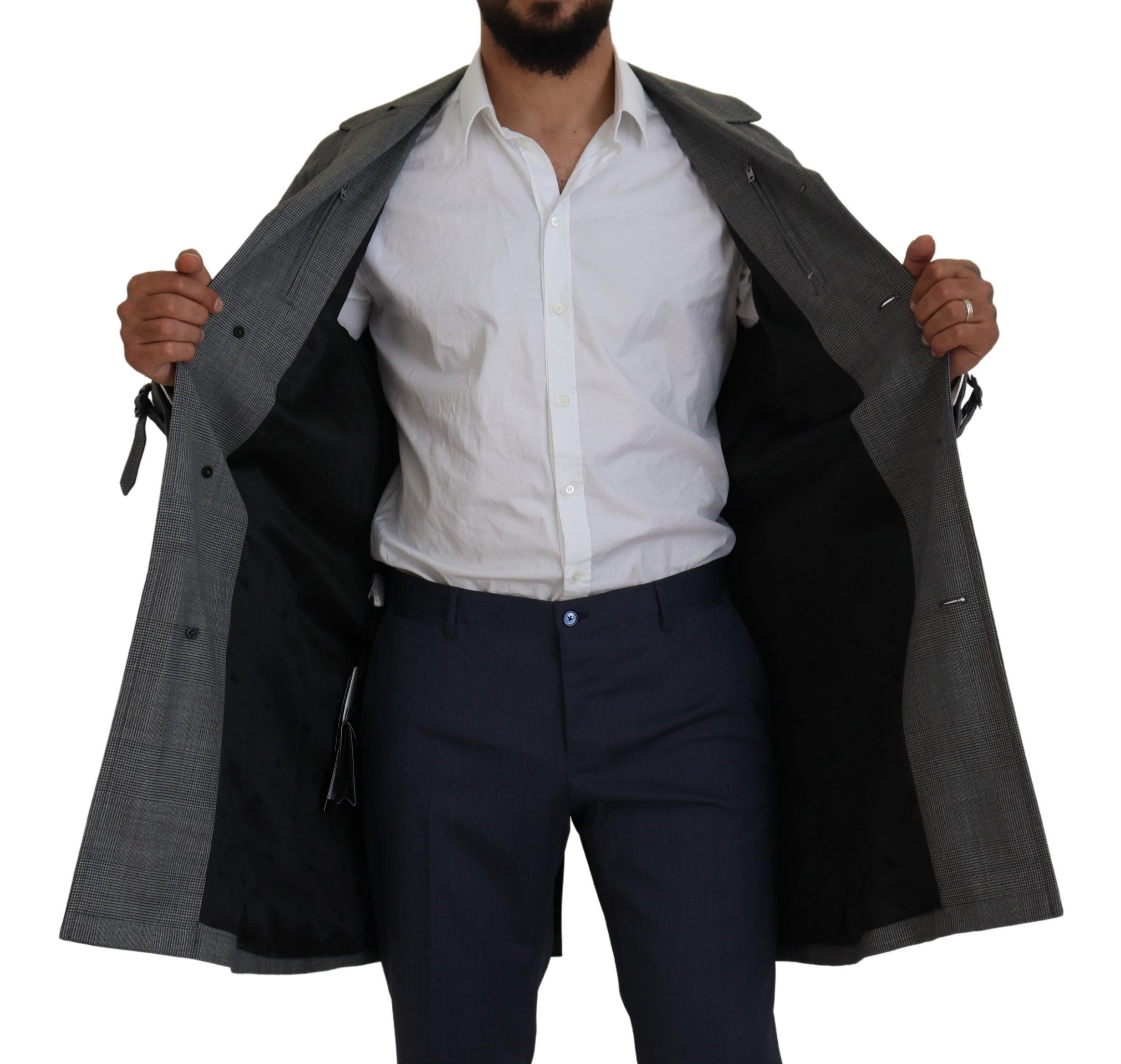 Dolce & Gabbana Grey wool coat, plaid, long trench coat jacket, trench coat jacket-5