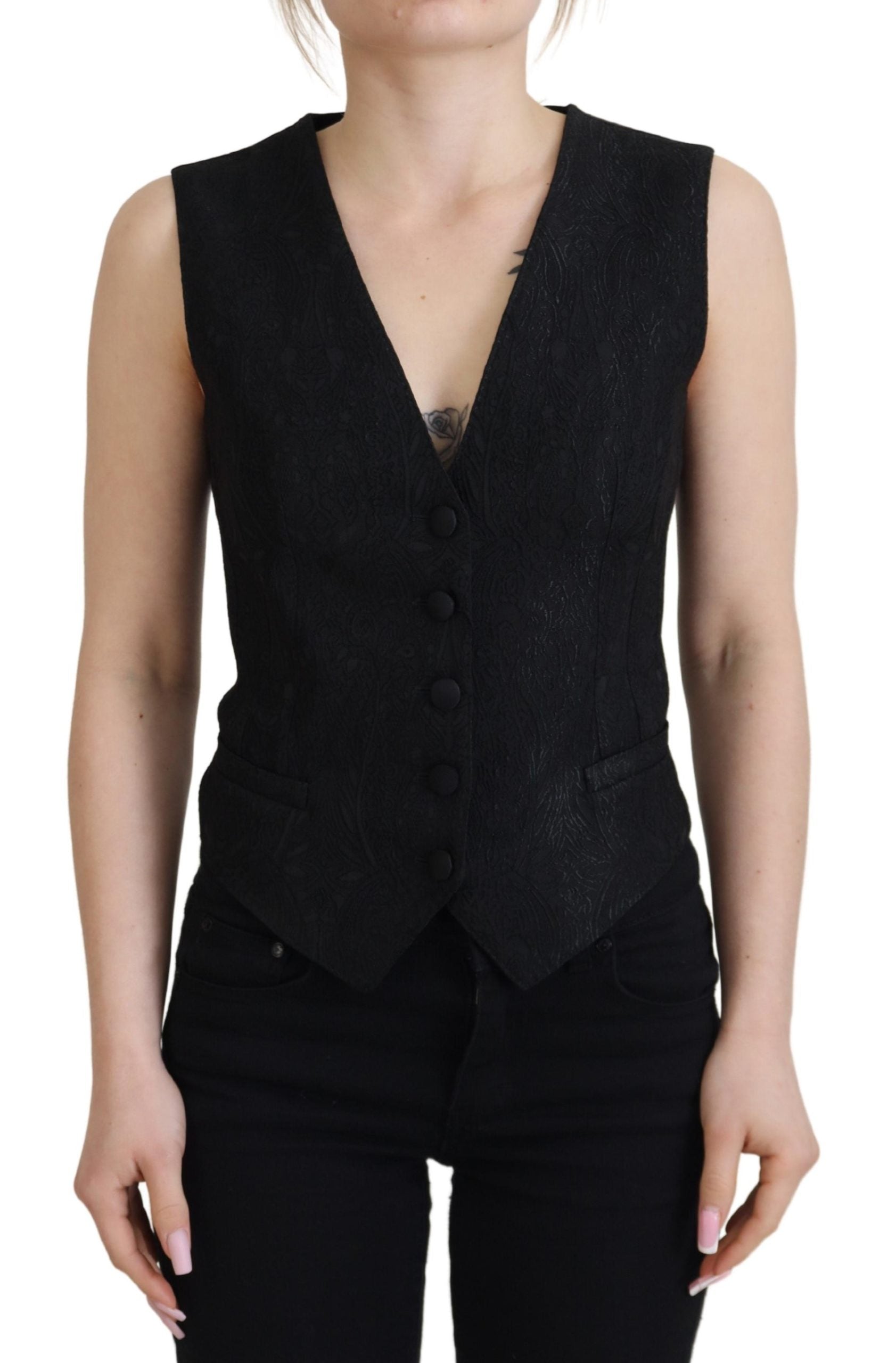 Dolce & Gabbana Black Brocade Button Down Sleeveless Vest-1
