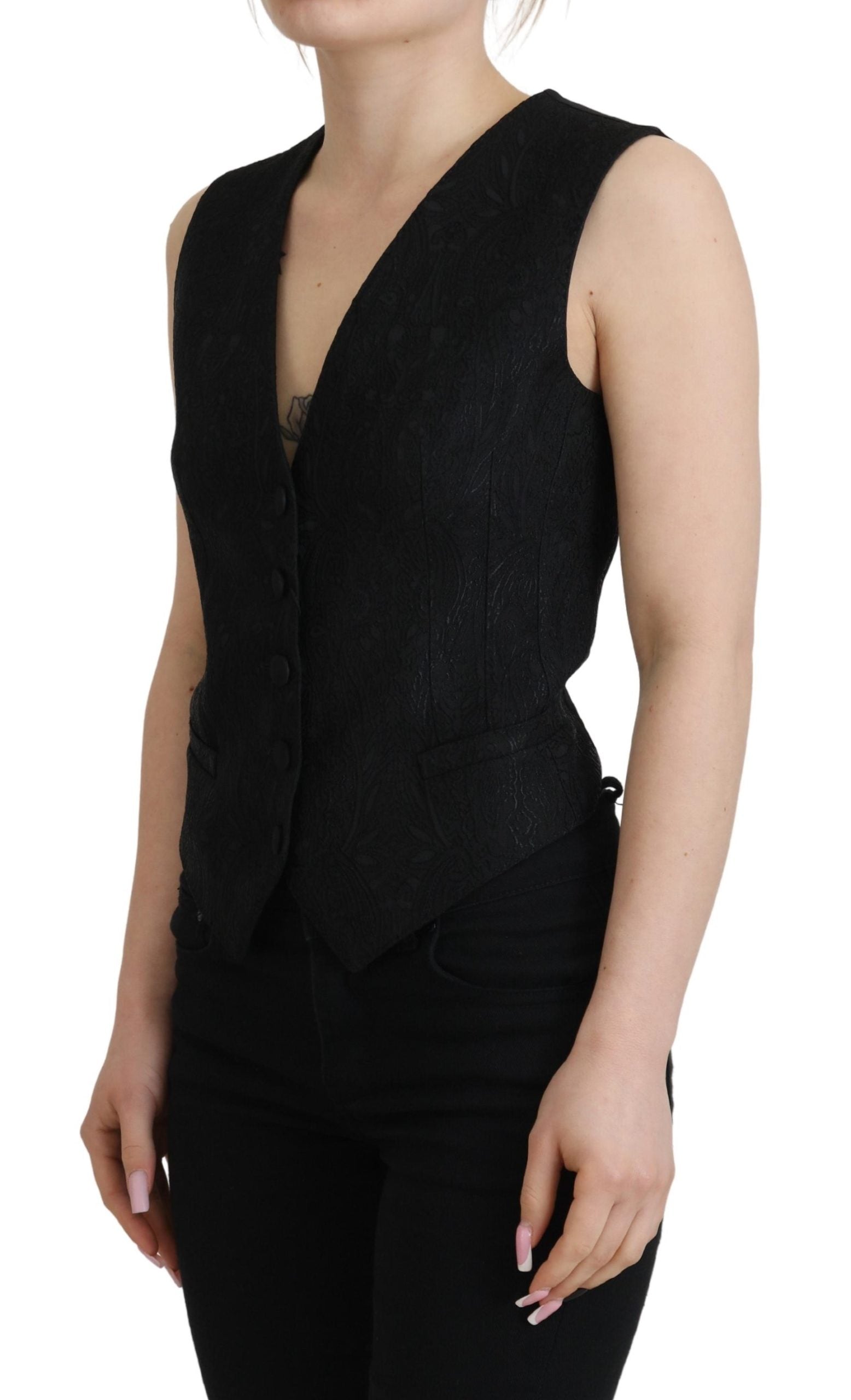 Dolce & Gabbana Black Brocade Button Down Sleeveless Vest-2