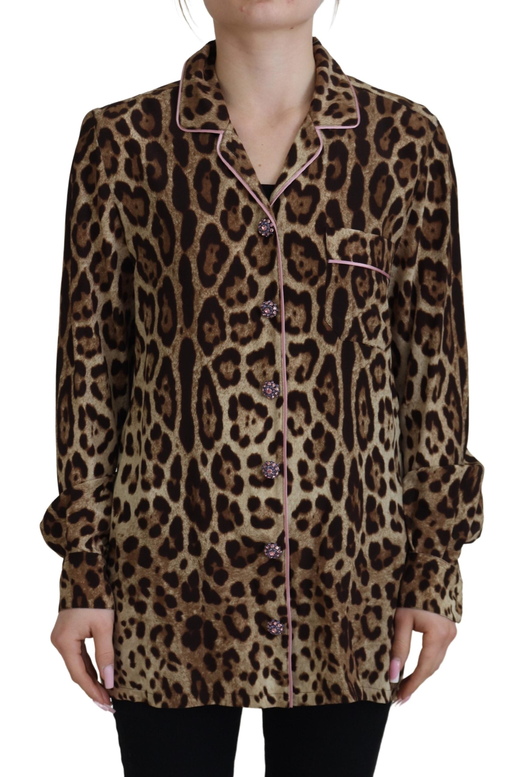 Dolce & Gabbana Brown Leopard Print Long Sleeve Blouse Top