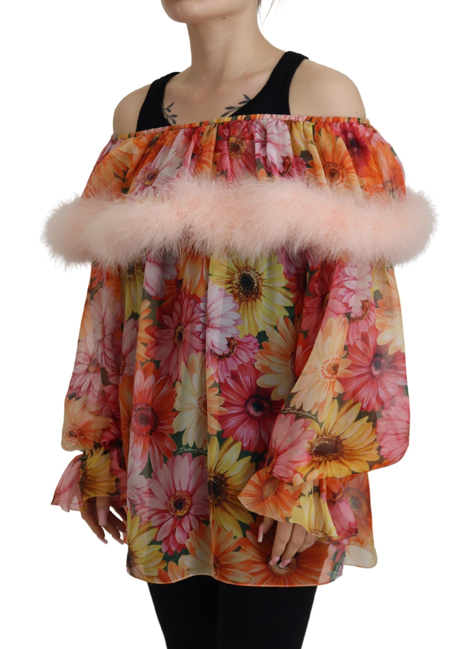 Dolce & Gabbana Multicolor Floral Pelz Shearling Bluse Top-2