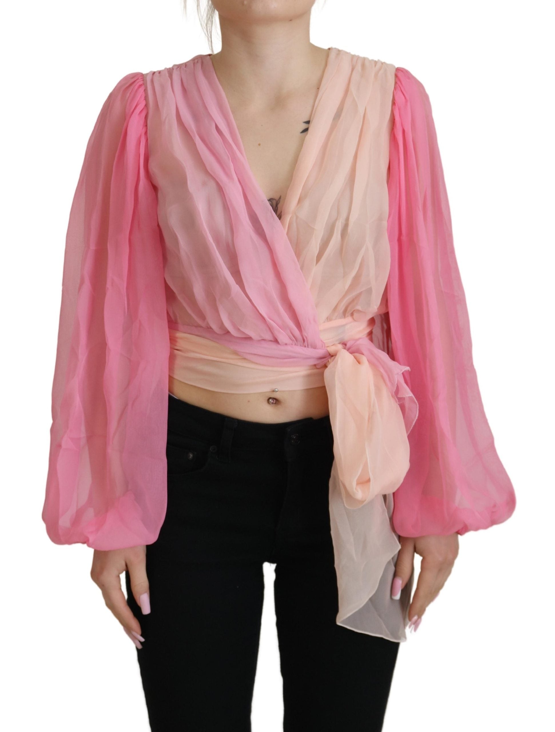 Dolce & Gabbana Pink Silk Wrap Blouse with Long Sleeves Top