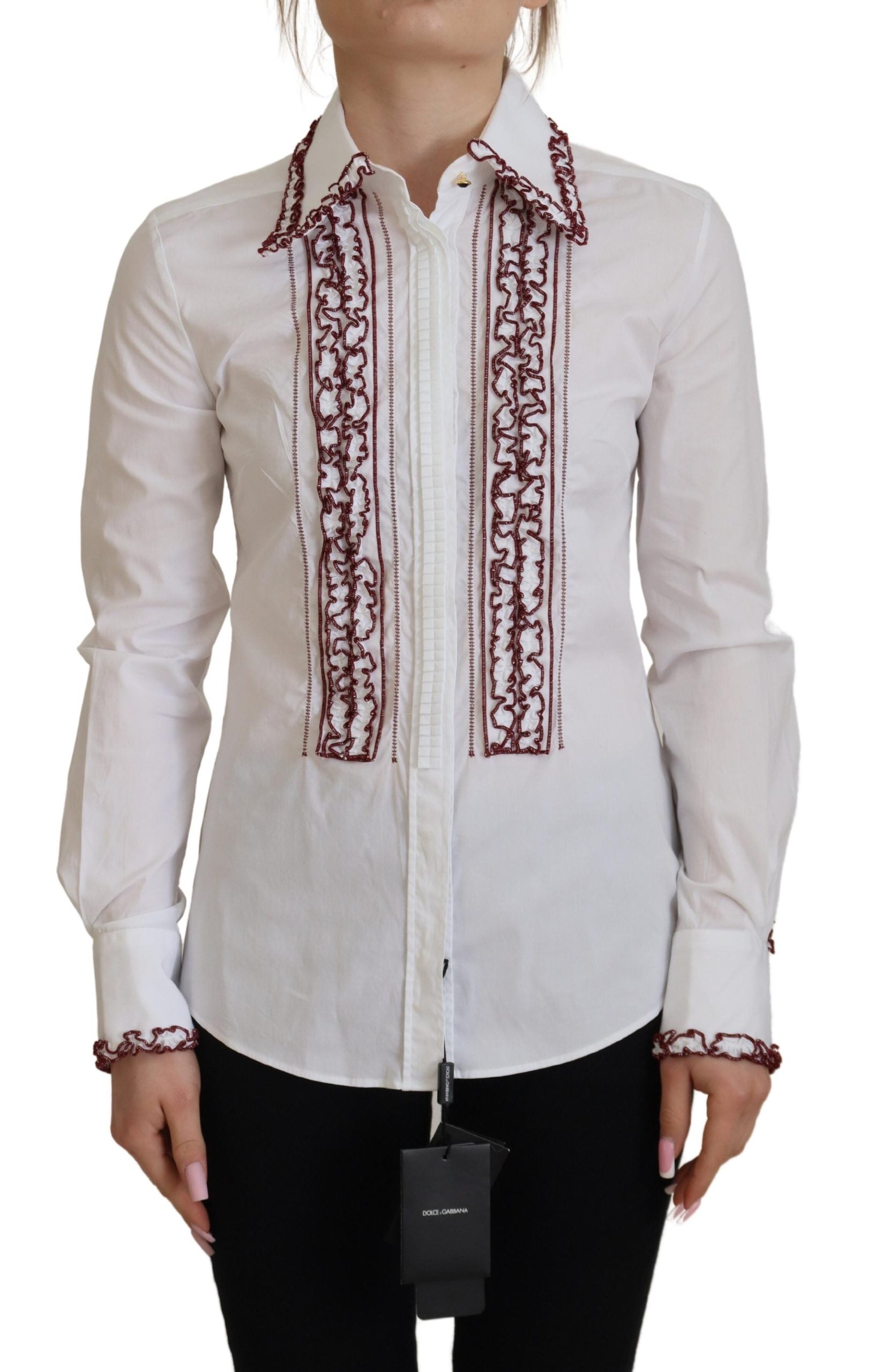 Dolce & Gabbana White lace top with long sleeves and ruffled collar