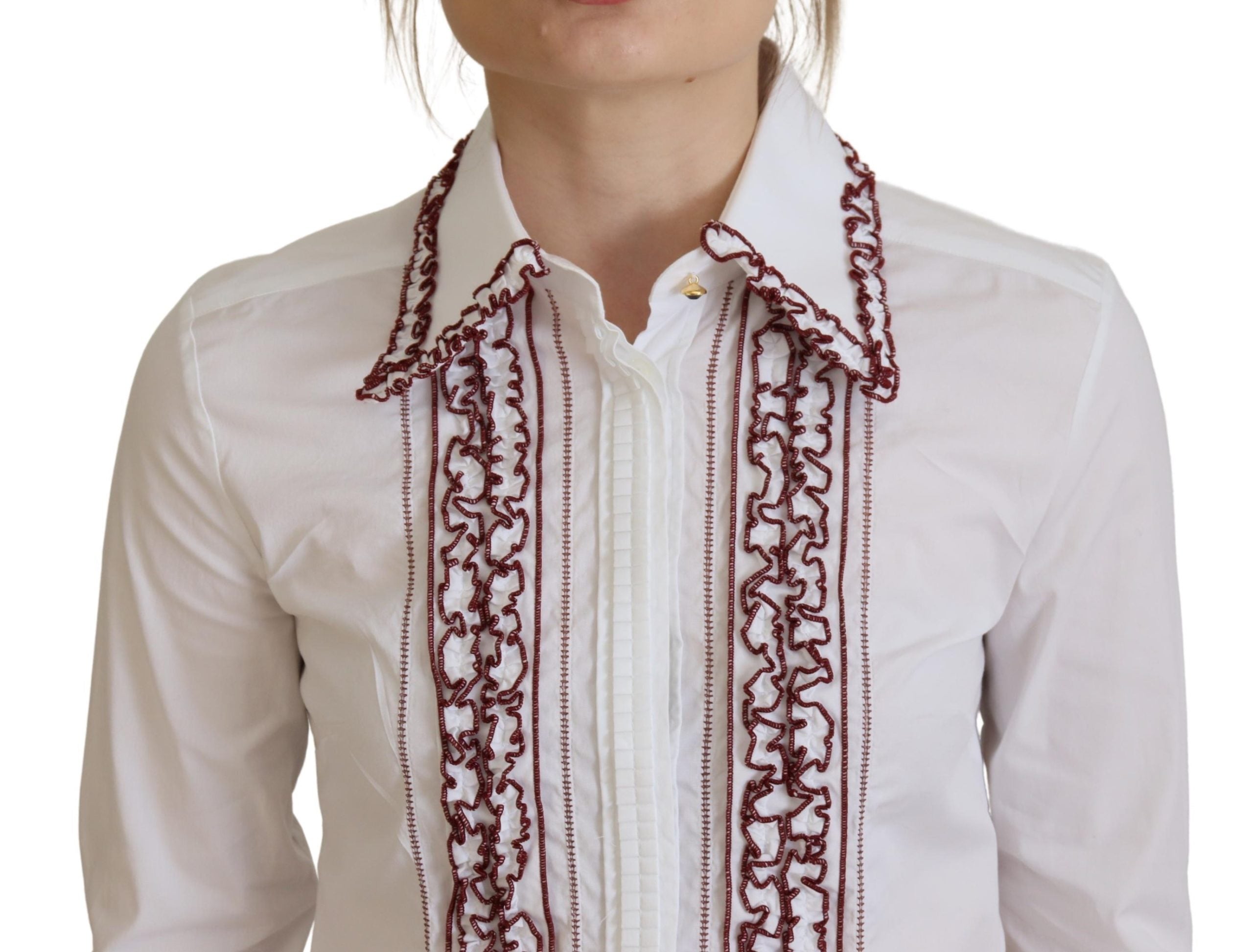 Dolce & Gabbana Weißes Spitzen-Top mit langen Ärmeln und Rüschenkragen-4