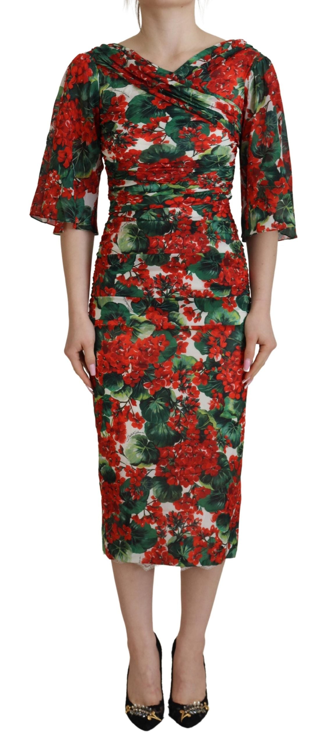 Dolce & Gabbana Multicolor Geranium Silk Coat Midi Dress-1