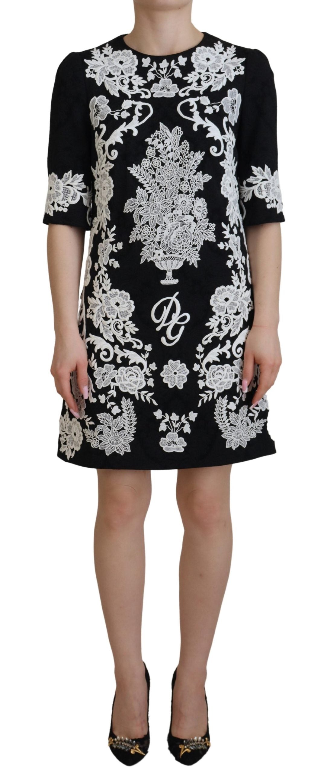 Dolce & Gabbana Schwarzes Kleid mit Spitzenbesatz und halben Ärmeln in A-Linie-1