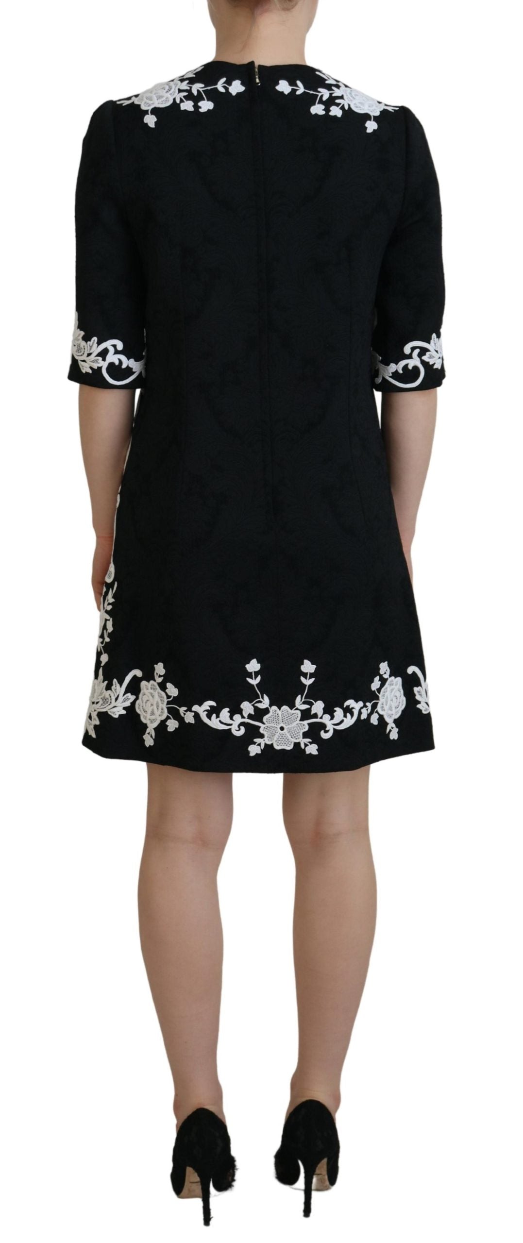 Dolce & Gabbana Schwarzes Kleid mit Spitzenbesatz und halben Ärmeln in A-Linie-3