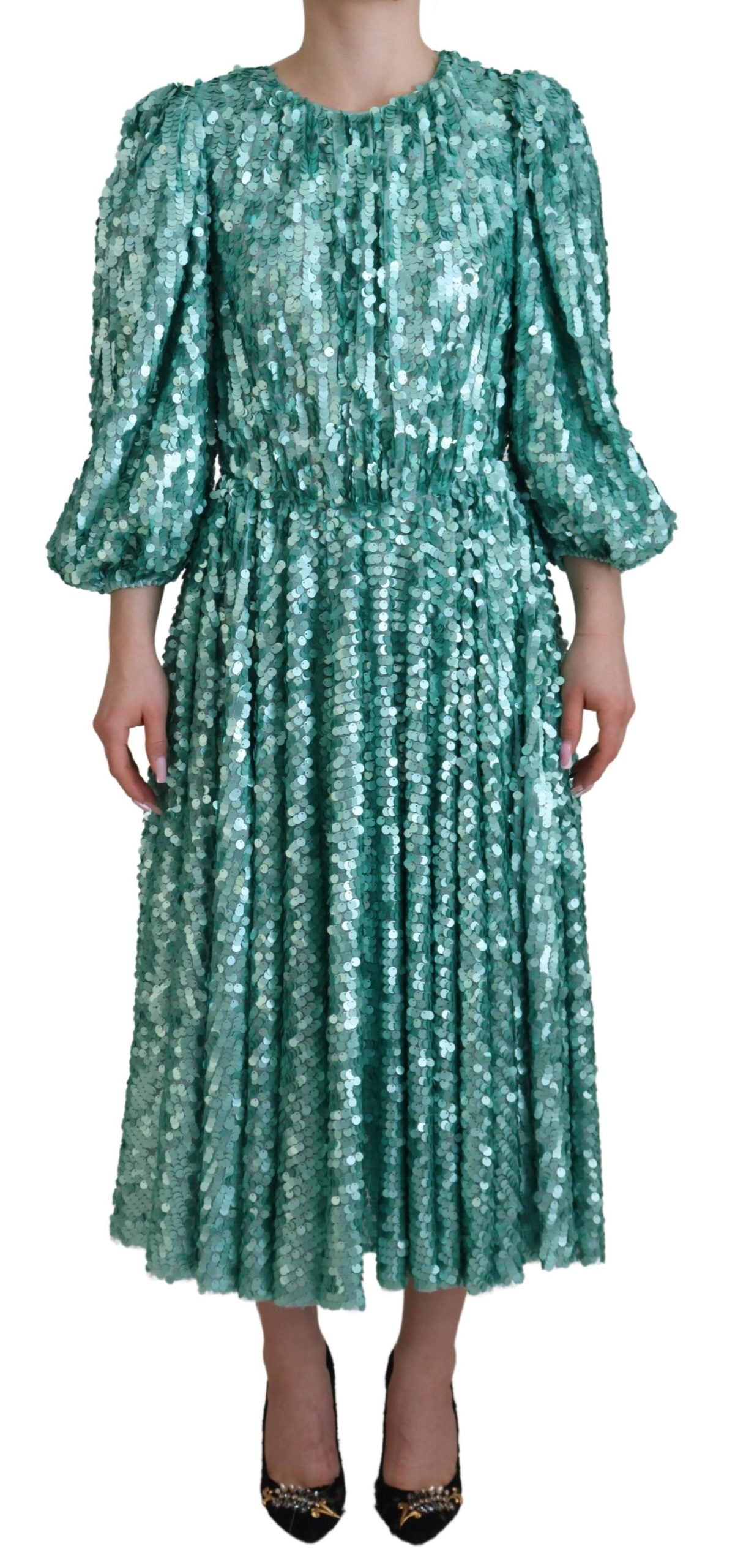 Dolce & Gabbana Blue sequined pleated A-line midi nylon dress