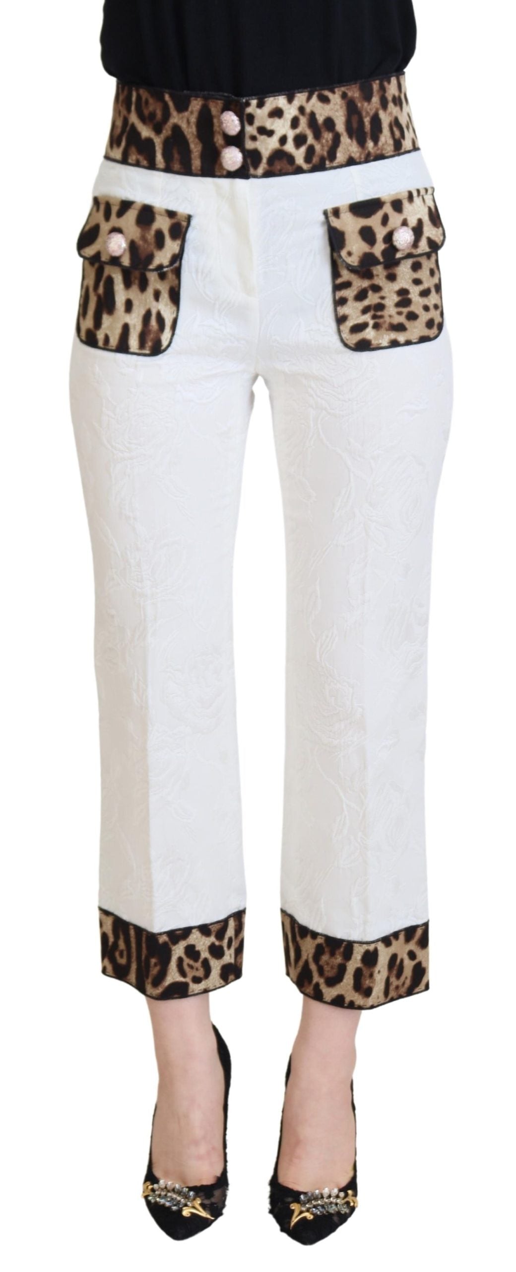 Dolce & Gabbana White Leopard Print High Waisted Trousers
