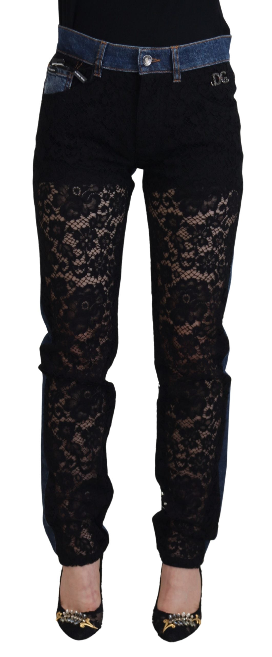Dolce & Gabbana Black Floral Skinny Denim Jeans with Lace
