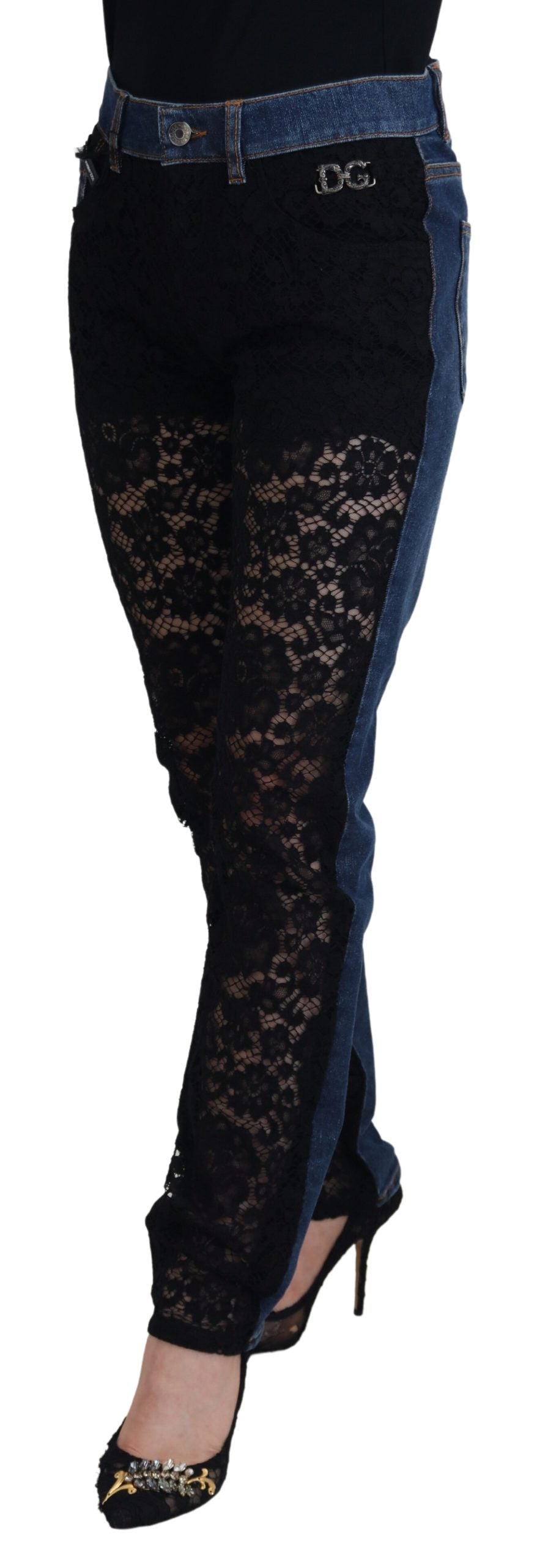 Dolce & Gabbana Black Floral Skinny Denim Jeans with Lace-2