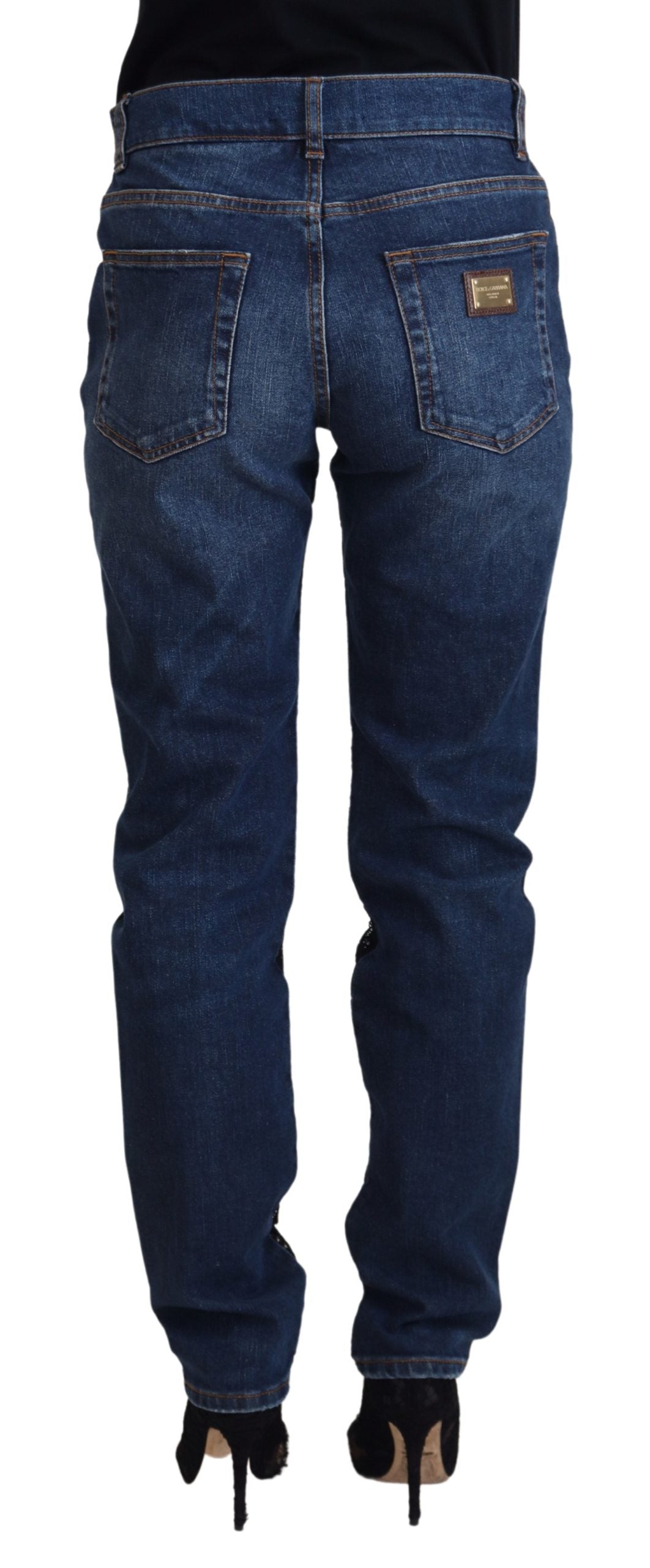 Dolce & Gabbana Black Floral Skinny Denim Jeans with Lace-3