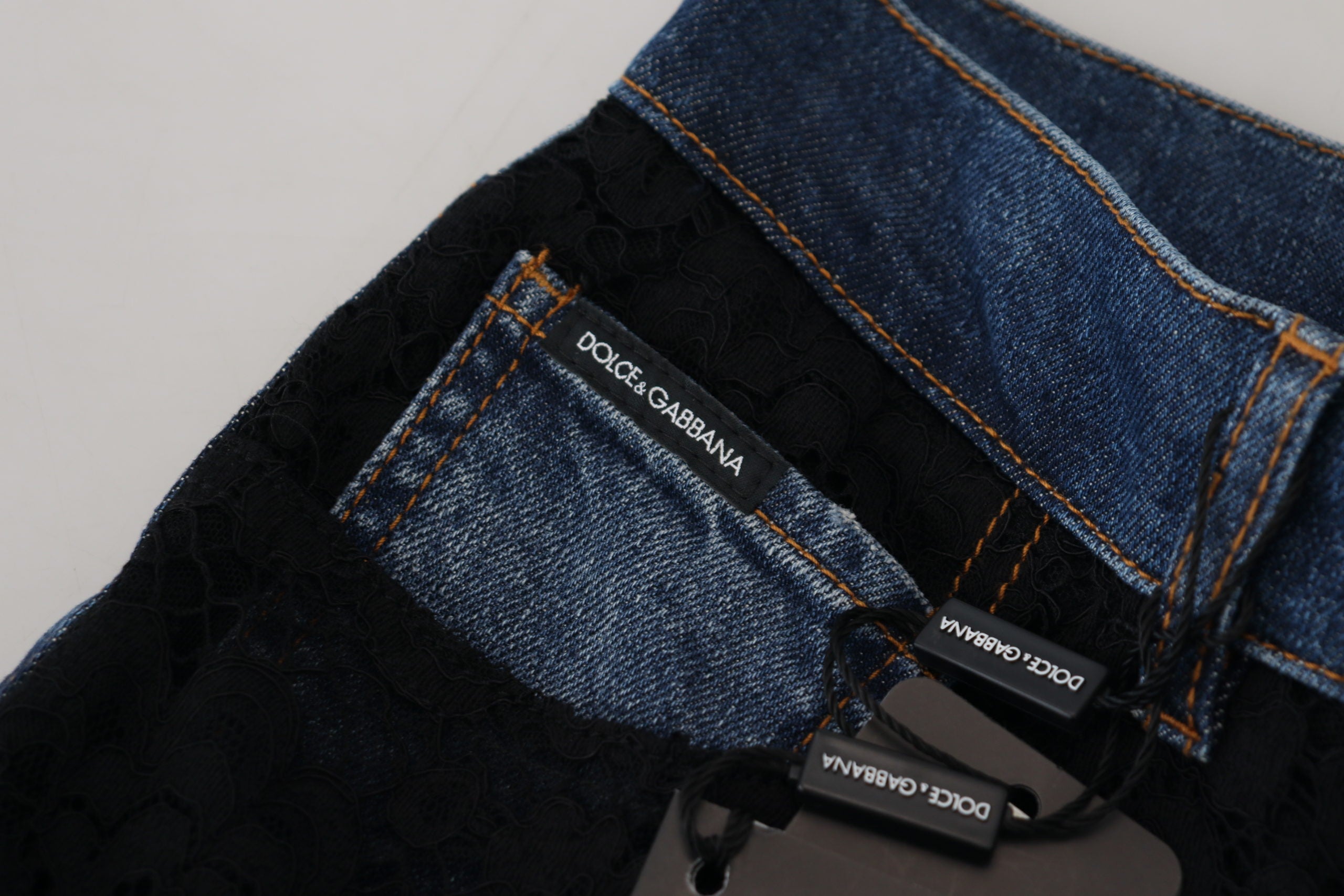 Dolce & Gabbana Black Floral Skinny Denim Jeans with Lace-7