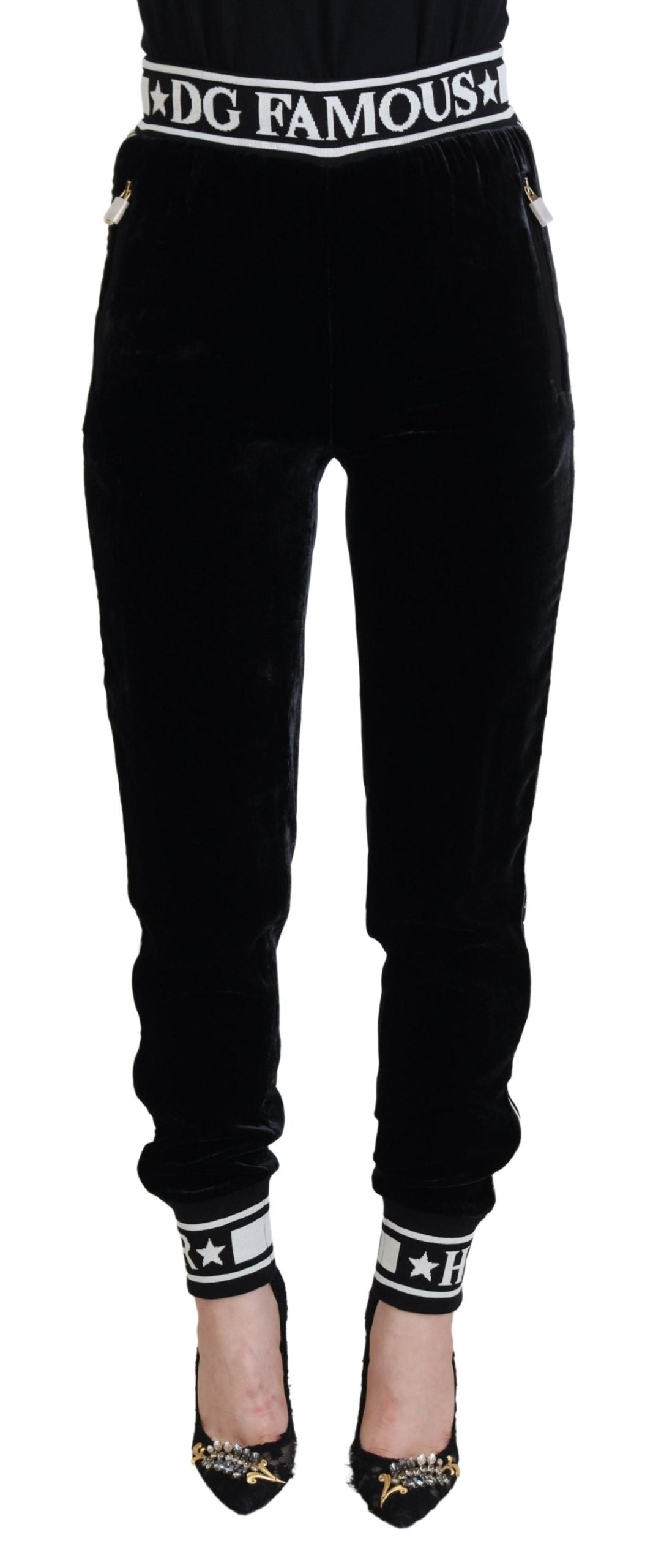 Dolce & Gabbana Black DG Logo Velvet Trousers-1
